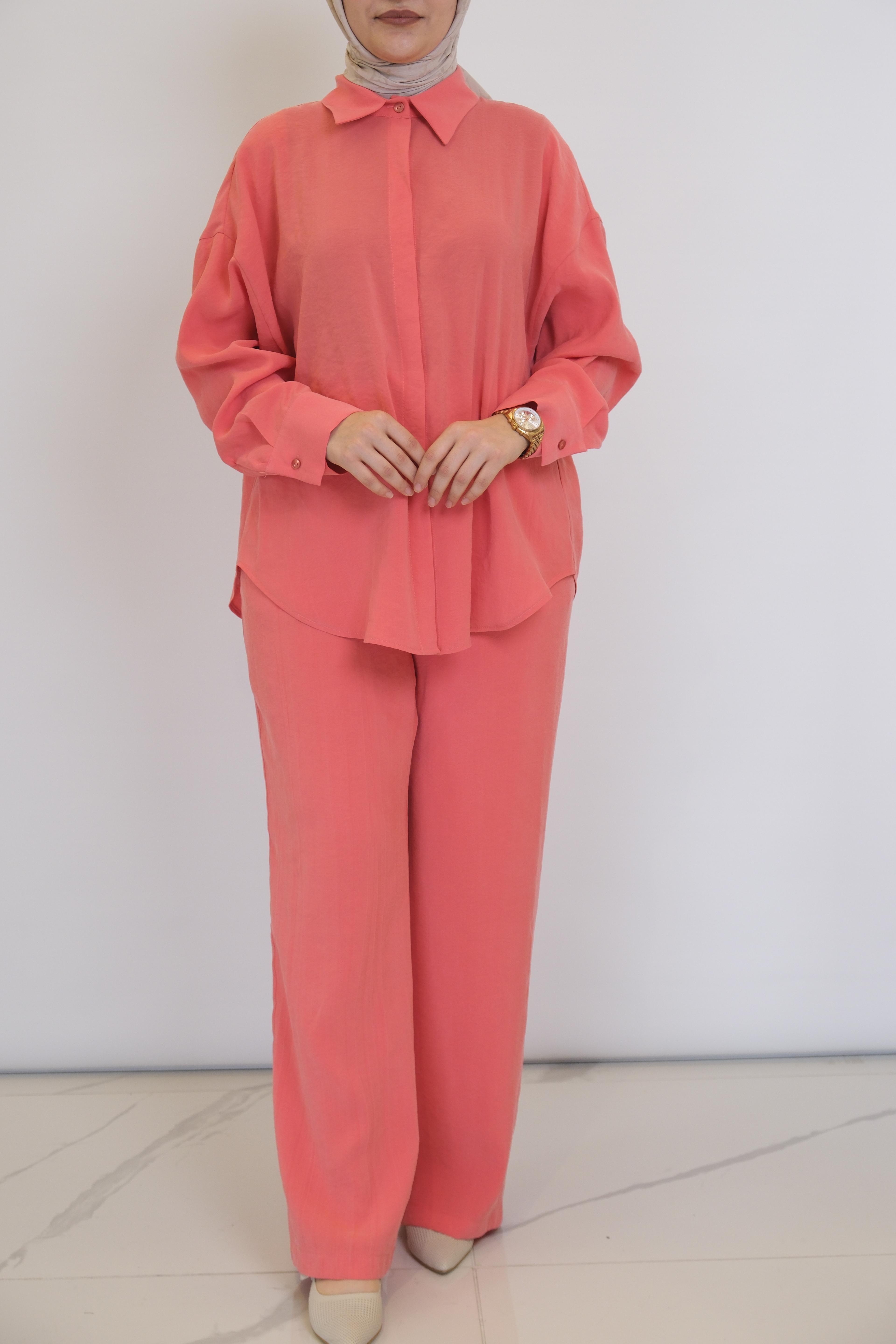 ON FASHION Uzun Kollu Gömlek Pantolon Takım - Mercan