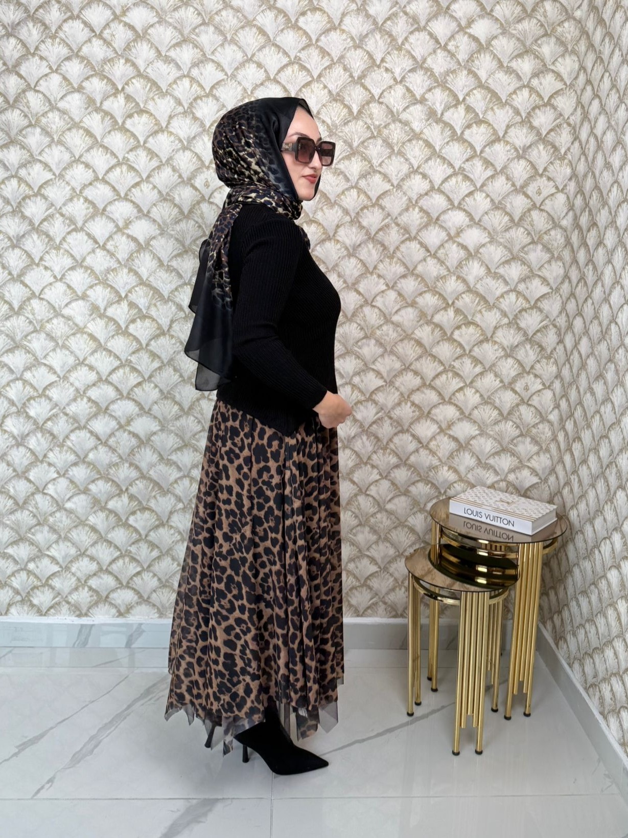 MODAİLGİ Eteği Asimetrik Leopar Desenli Trikolu Elbise 