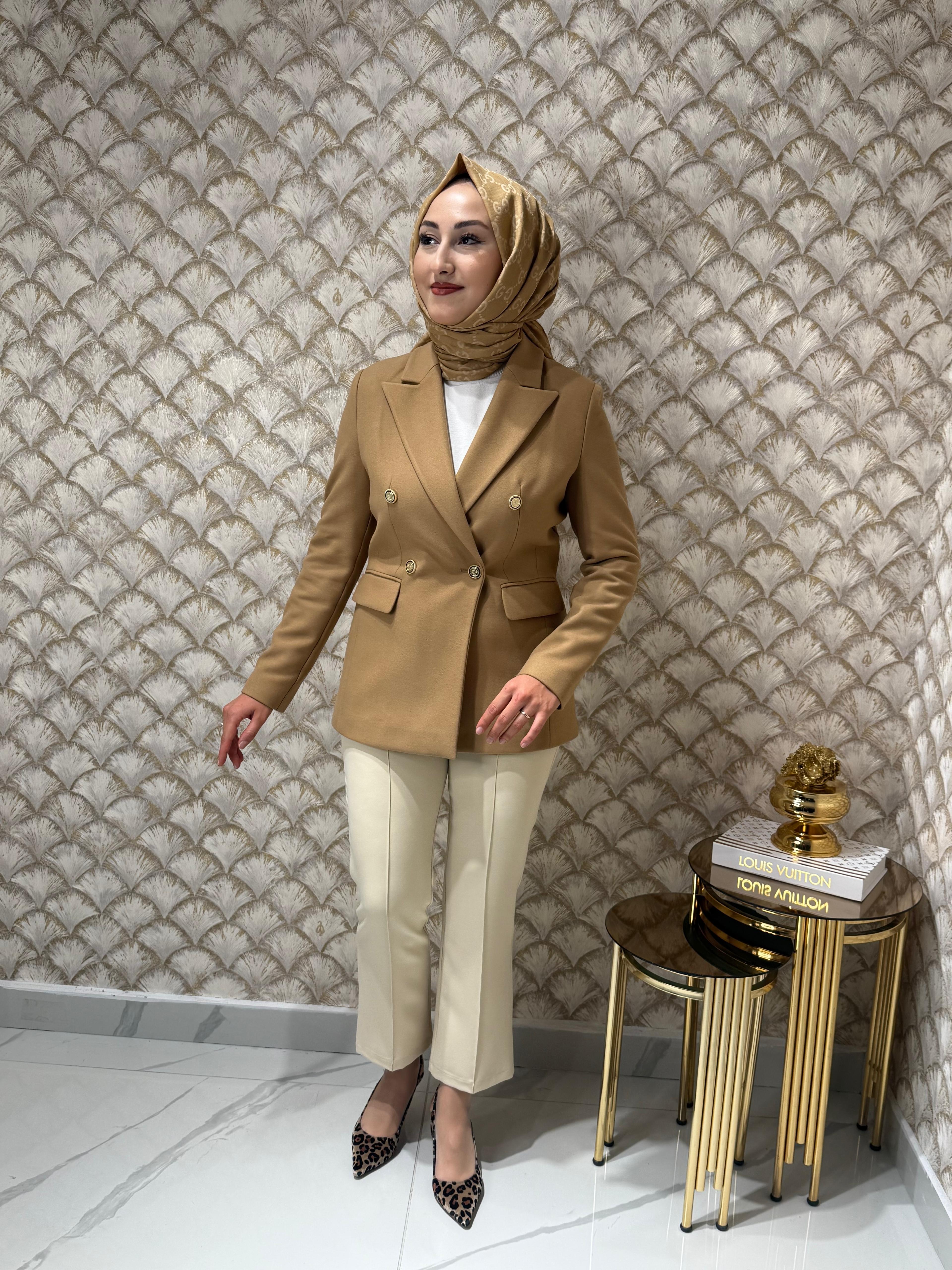 EKOL  Kruvaze Yaka Kaşe Ceket - Camel