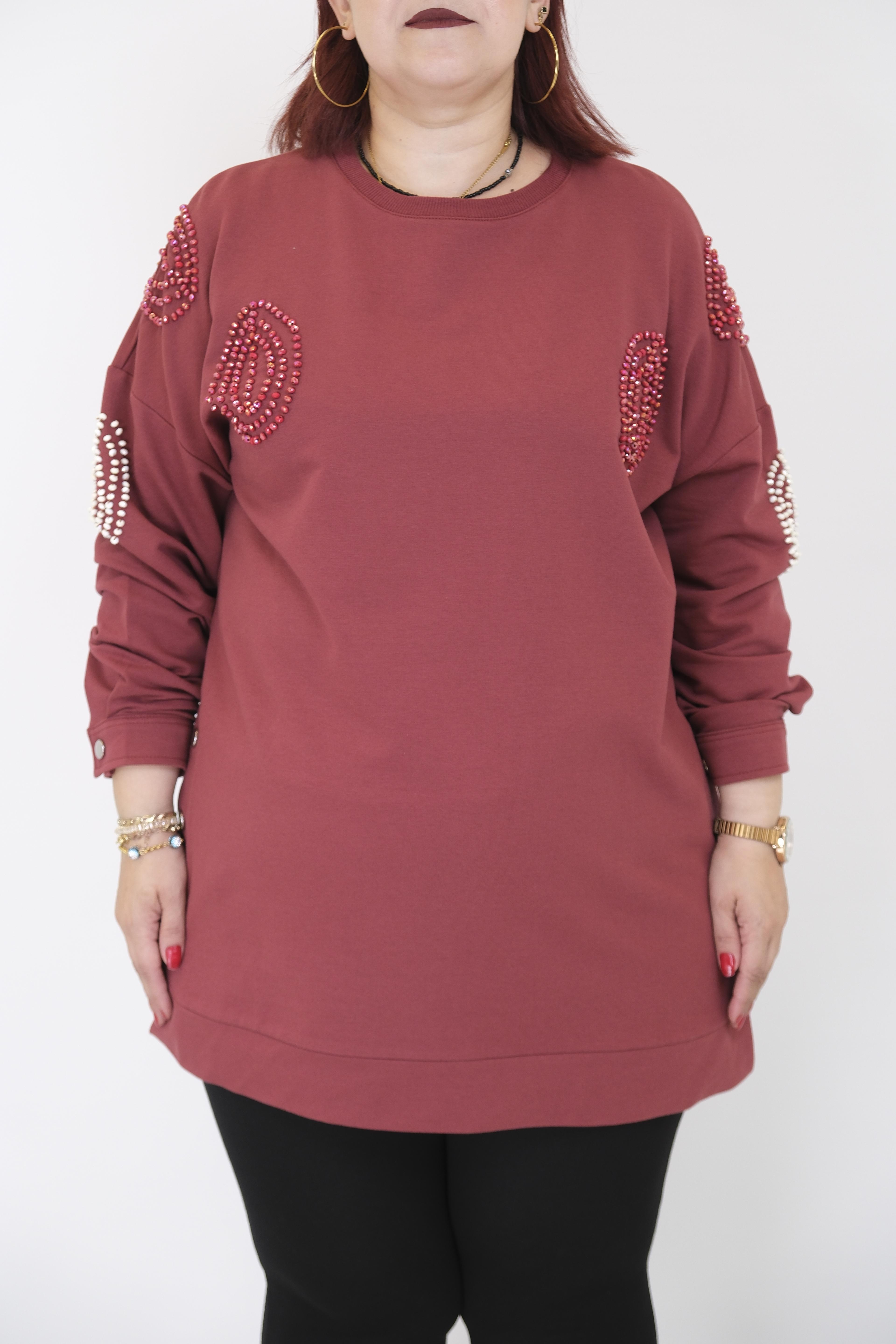 MY CITY Boncuk İşlemeli Sweatshirt - Bordo