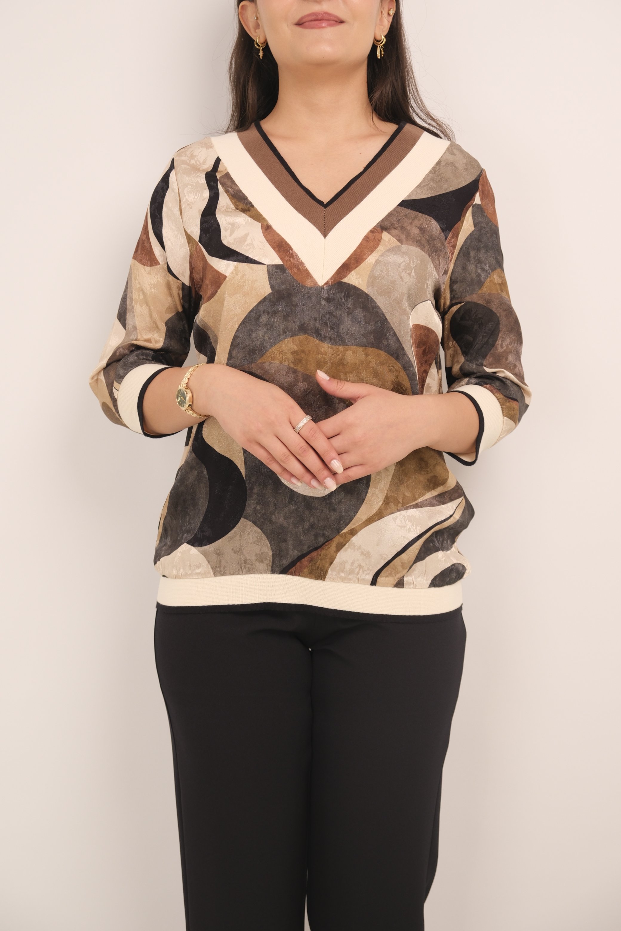 ON FASHION Desenli Ribanalı Bluz - Kahve
