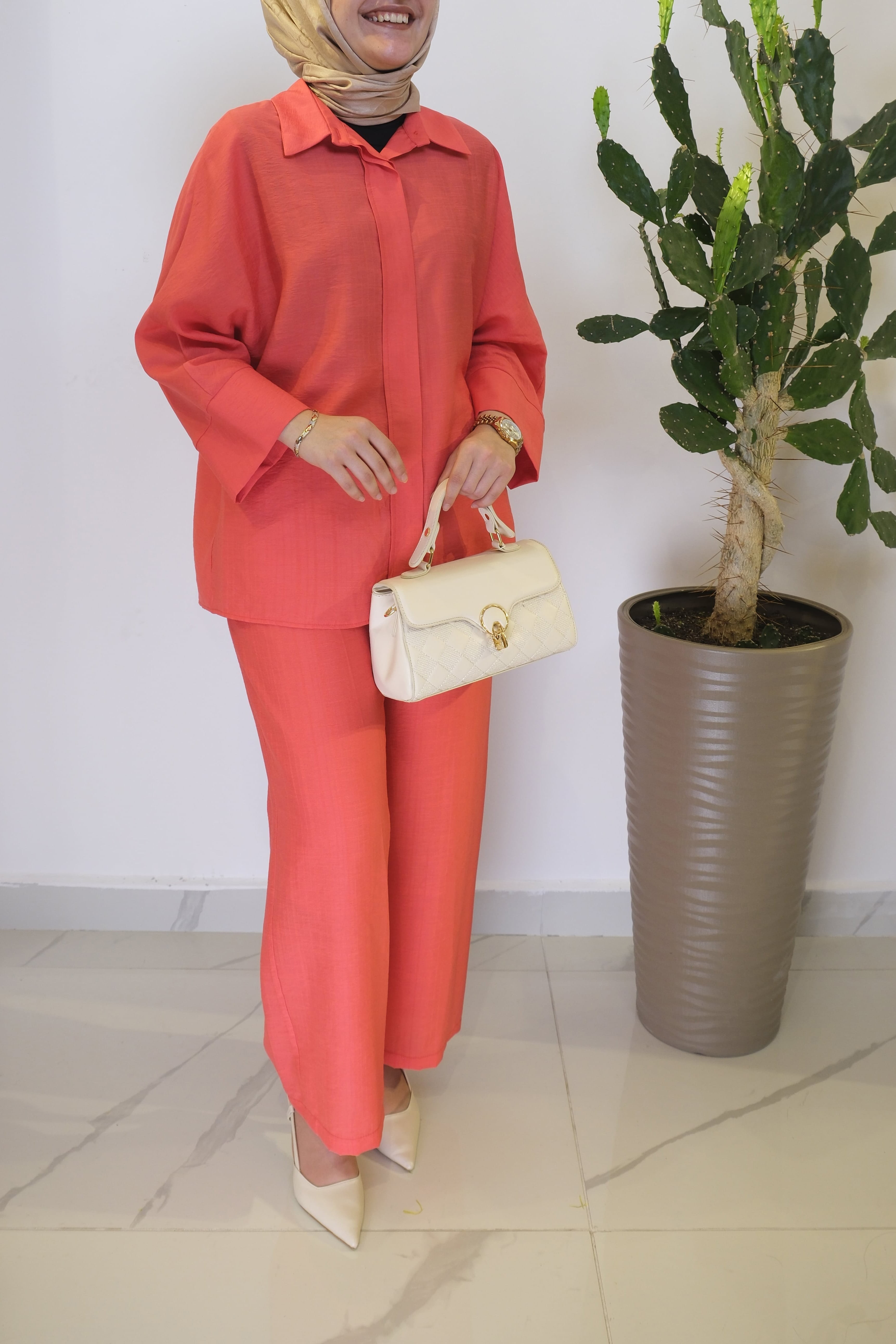 ON FASHION Bitkisel İpek Gömlek Takım - Mercan