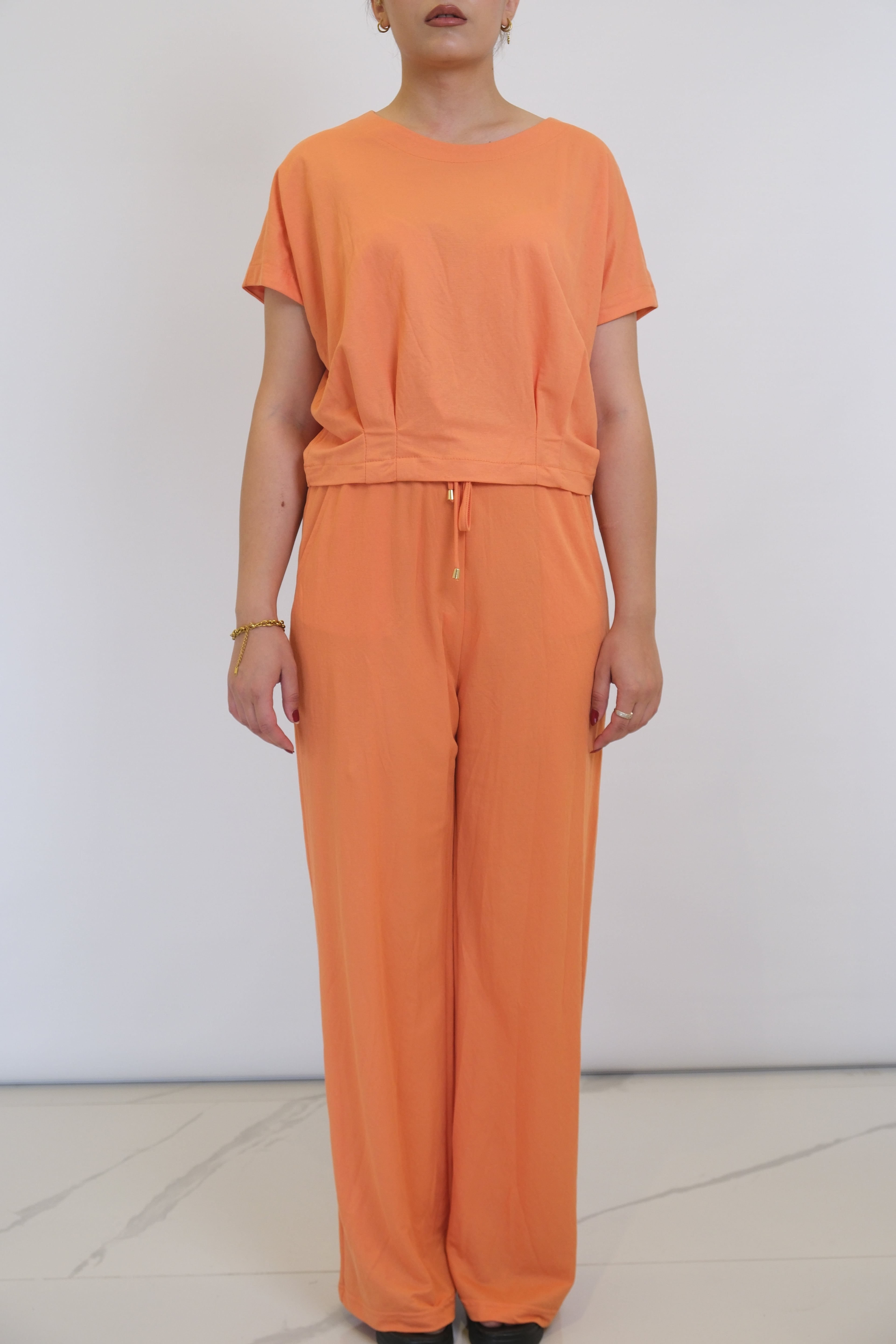 ON FASHION Sıfır Yaka Beli Pileli Takım - Oranj