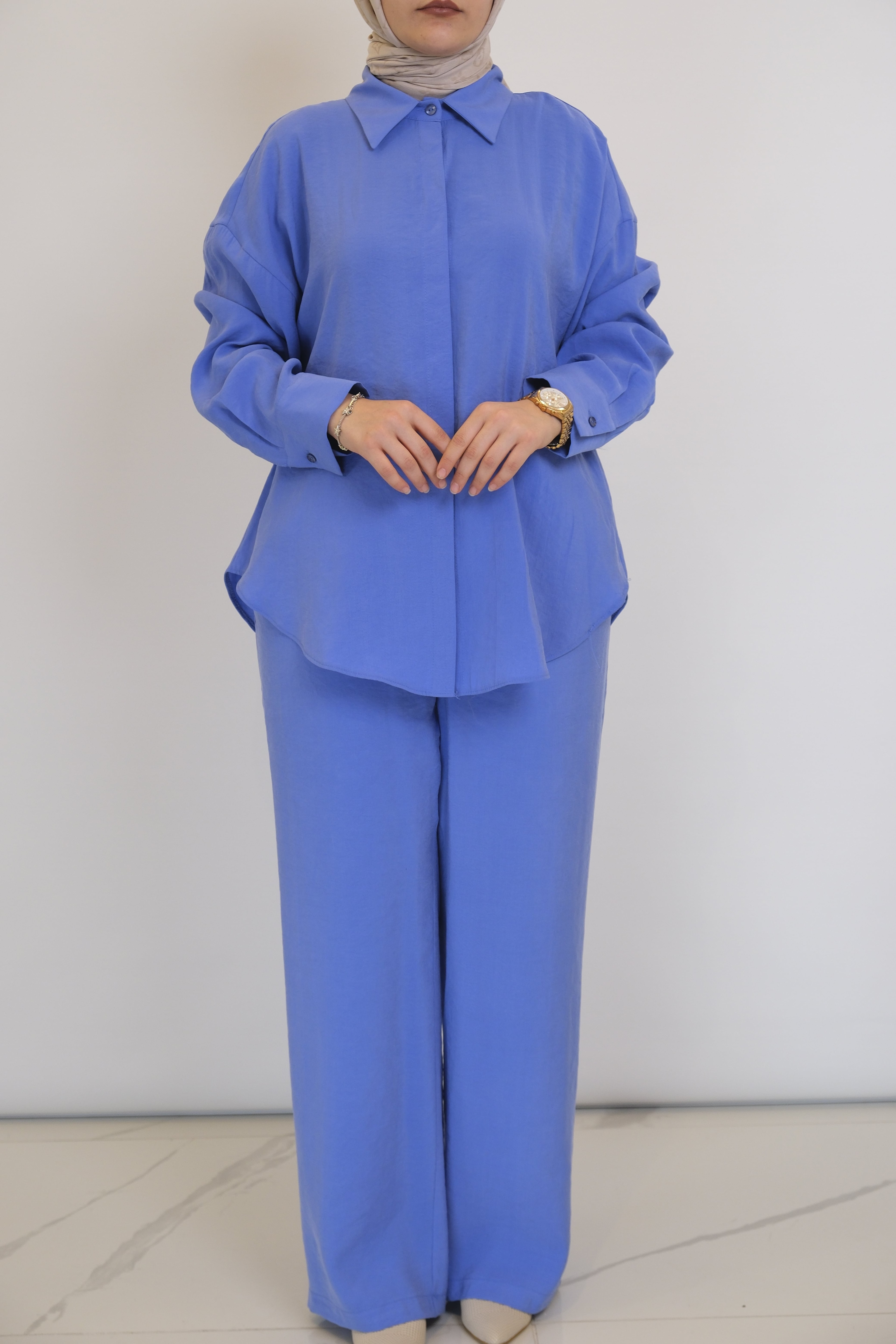ON FASHION Uzun Kollu Gömlek Pantolon Takım - Mavi
