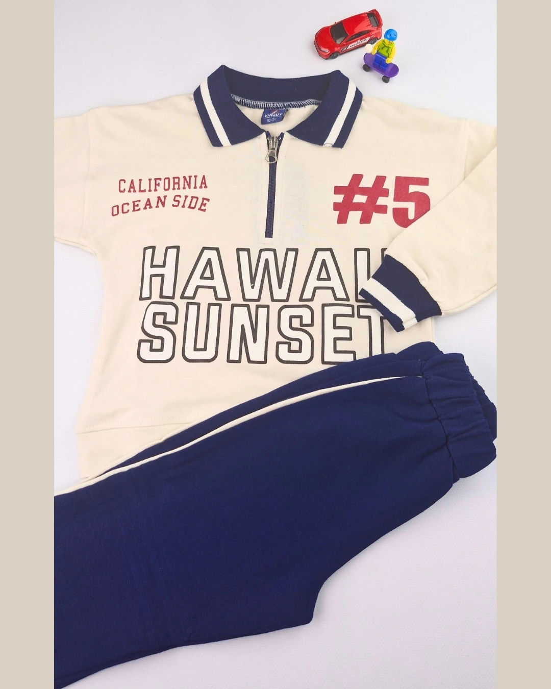 Asliva Unisex Çocuk Lacivert Hawaii Sunset Baskılı Polo Yaka Yarım Fermuarlı Pamuklu Eşofman Takımı