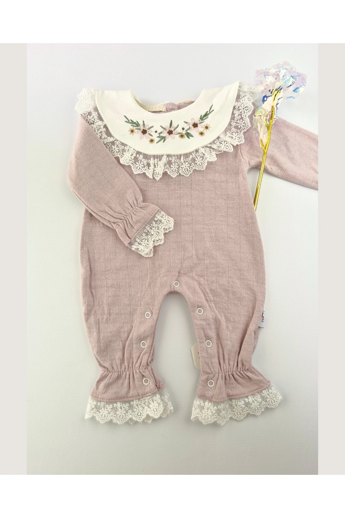 Kız Bebek Dantelli Gül Kurusu Pamuklu Tulum 0-12 Ay