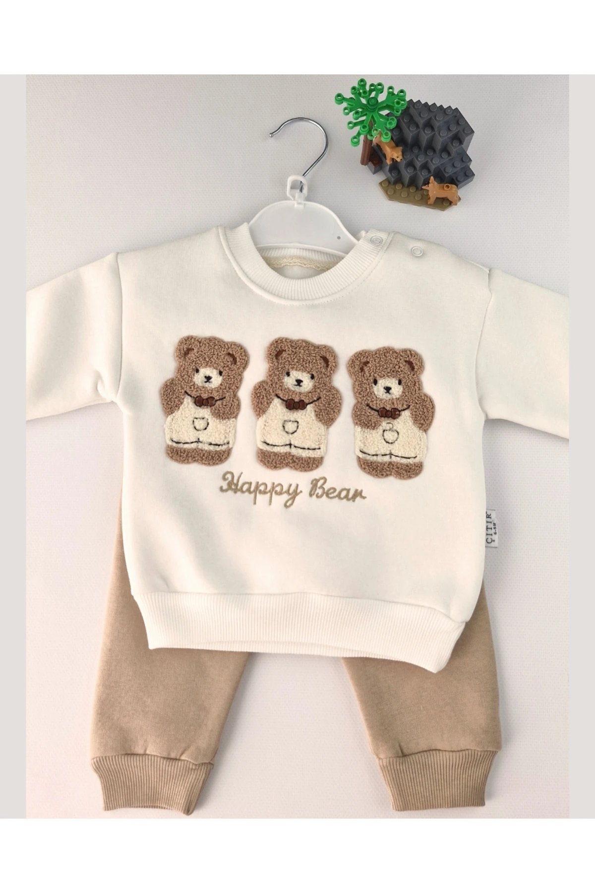 Happy Bear süzeneli ayıcık işleme 2’li Bebek Takımı – Krem / Bej