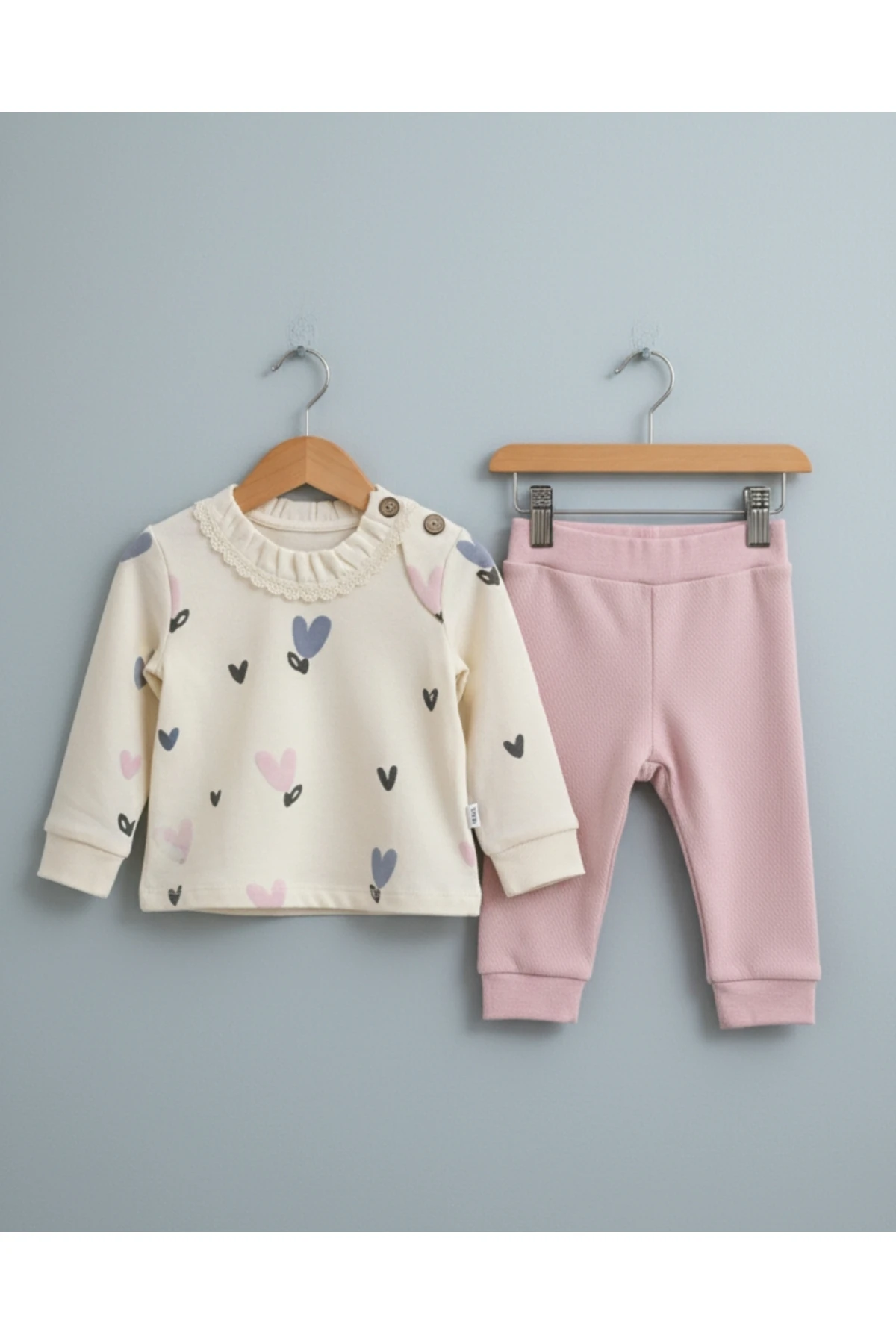 Asliva Kız Bebek Krem Kalp Desenli Fırfırlı Üst & Pembe Tayt Takım 6-18 Ay