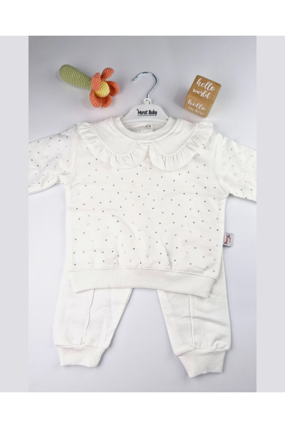 Asliva Kız Bebek Bebe Yaka Parlak Boncuklu Pamuklu 2'li Takım Beyaz (6-24 Ay)