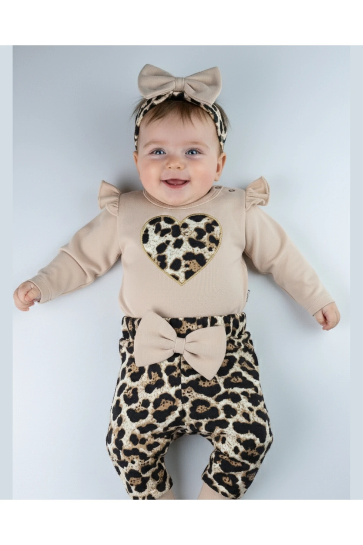 Bebek Takımı Kız Bebek Leopar Desenli Fiyonklu Bandanalı 0-12 Ay Bej/Gül Kurusu