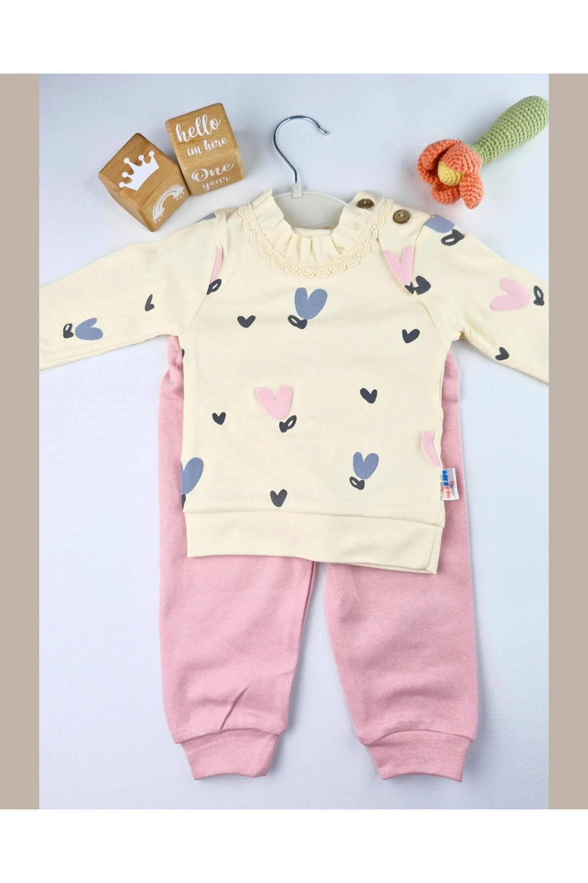 Asliva Kız Bebek Krem Kalp Desenli Fırfırlı Üst & Pembe Tayt Takım 6-18 Ay