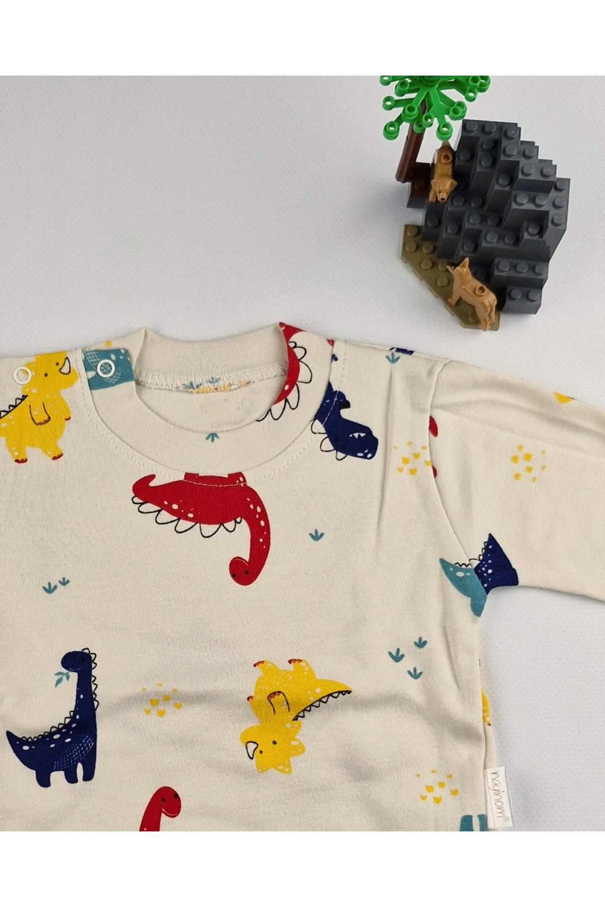 Dinozor Desenli Pamuk Bebek&Çocuk Ribanalı Uzun Kollu Omuzdan çıtçıtlı Sweat - 3,6,9 Ay-1,2,3 Yaş