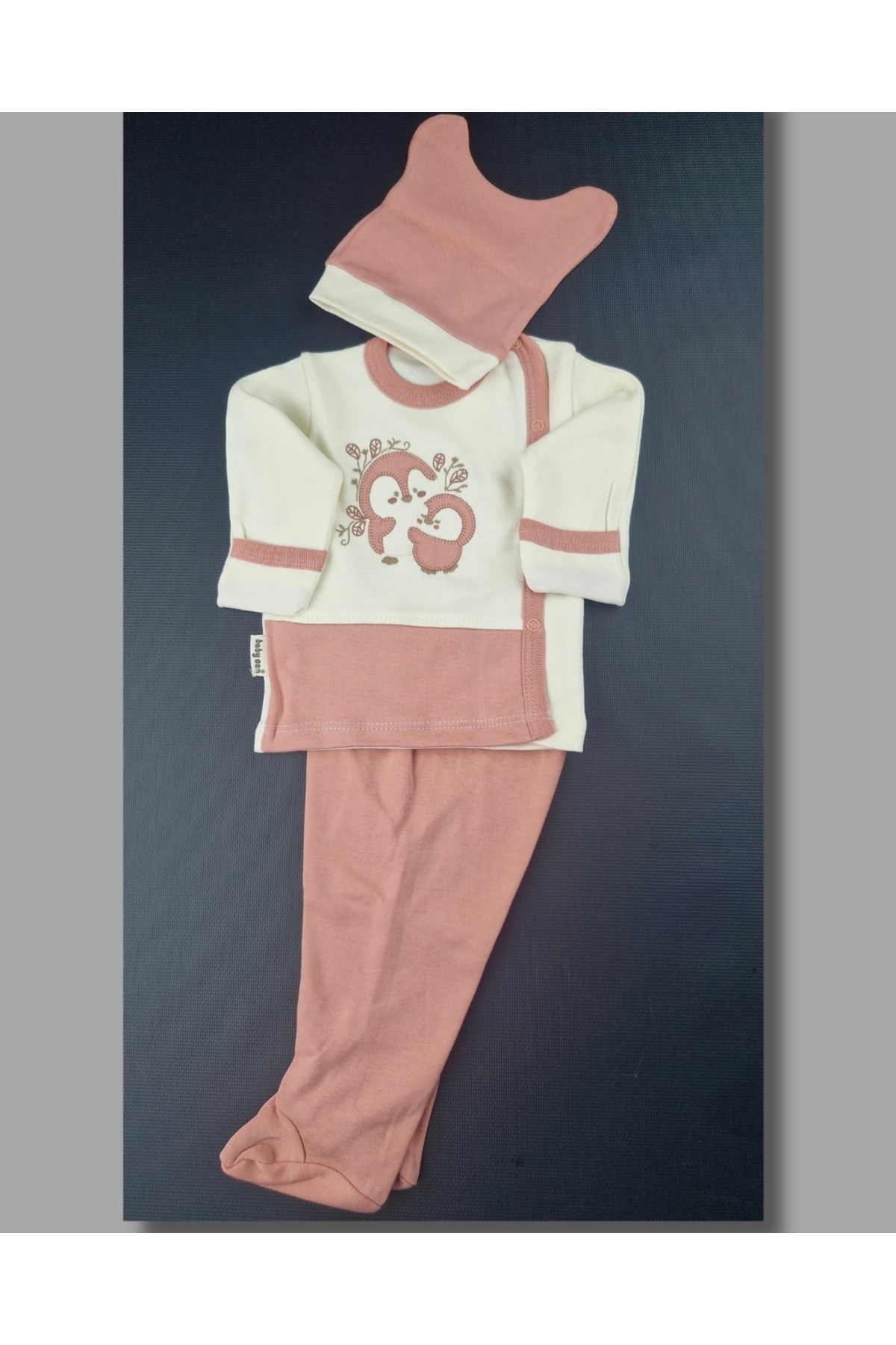 Asliva Kız Bebek 3’lü Zıbın Takımı – Krem & Gül Kurusu Pembe – Penguen Desenli – %100 Pamuk – 0-3 Ay