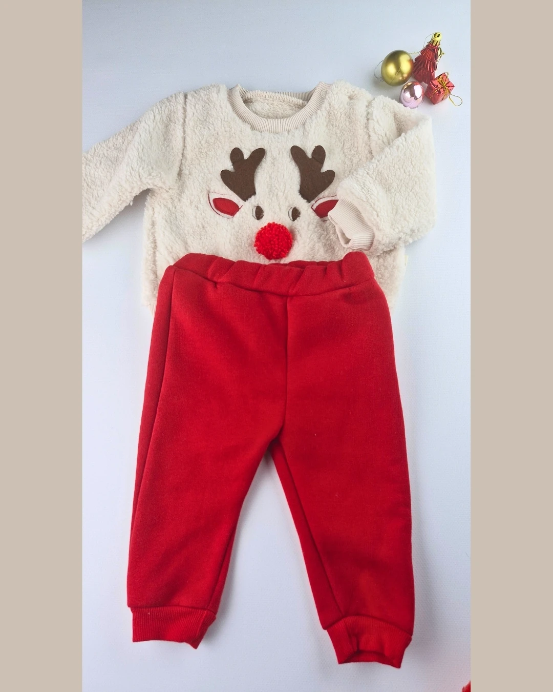 Asliva Geyikli Bebek Takımı - Peluş Sherpa Üst Alt Şapka Patik 4'lü Set - Yılbaşı Kombini - 6-24 Ay