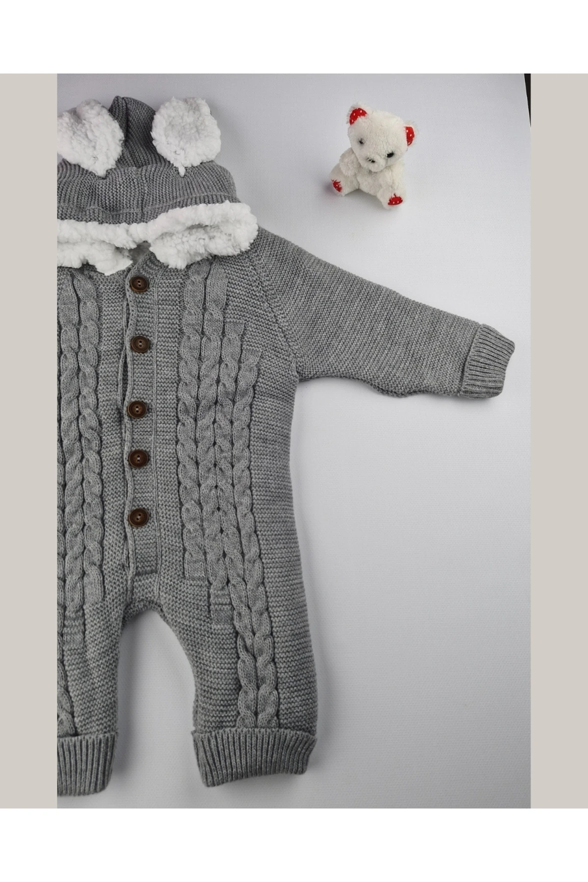 Bebek Triko Tulum – Kapüşonlu Kulak Detaylı Peluş Astarlı Kışlık Bebek Tulumu 6-24 ay