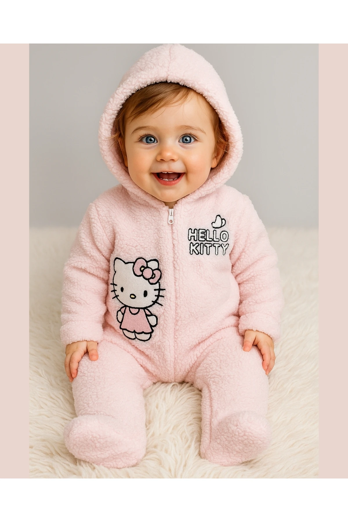 Hello Welsoft Pelüş Kız Bebek Tulum – Kapüşonlu ve Patikli - Pembe/Bej - 0-12 Ay