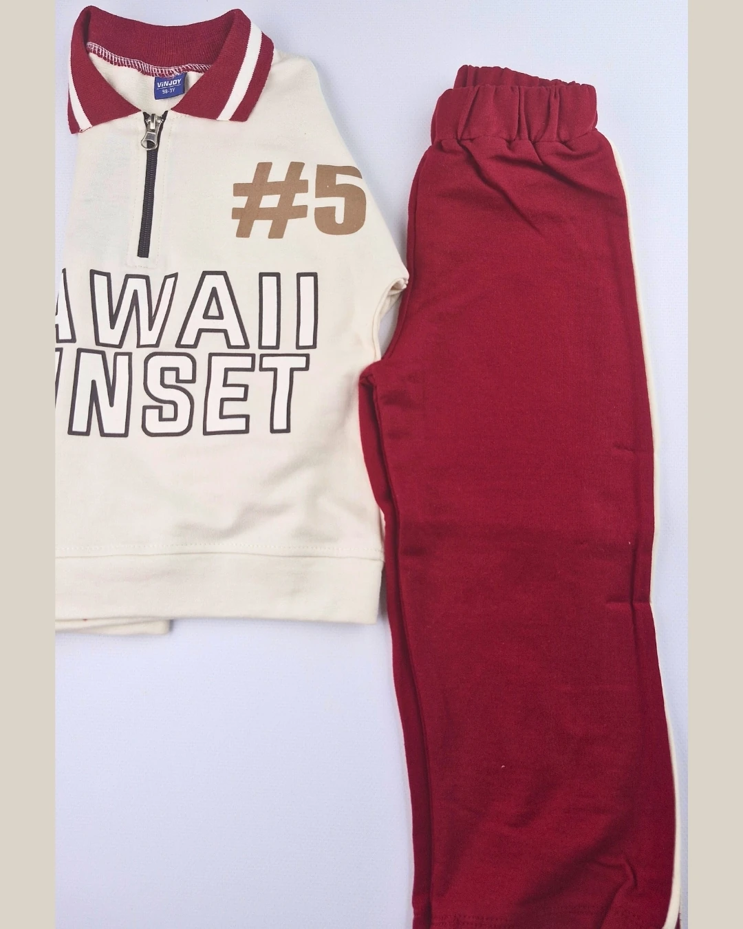 Asliva Unisex Çocuk Bordo Hawaii Sunset Baskılı Polo Yaka Yarım Fermuarlı Pamuklu Eşofman Takımı