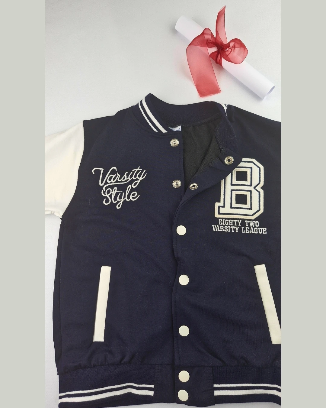 Asliva Çocuk Lacivert Beyaz Kolej Ceket Varsity Style B Harf Nakışlı Ceket (6-9 Yaş)