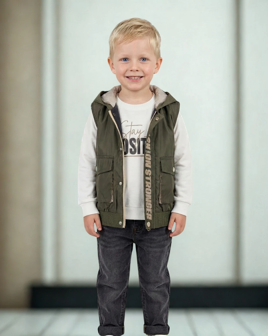 Asliva Erkek Çocuk Haki Kapüşonlu Yelek Sweatshirt ve Pantolon 3'lü Takım (5-8 Yaş)