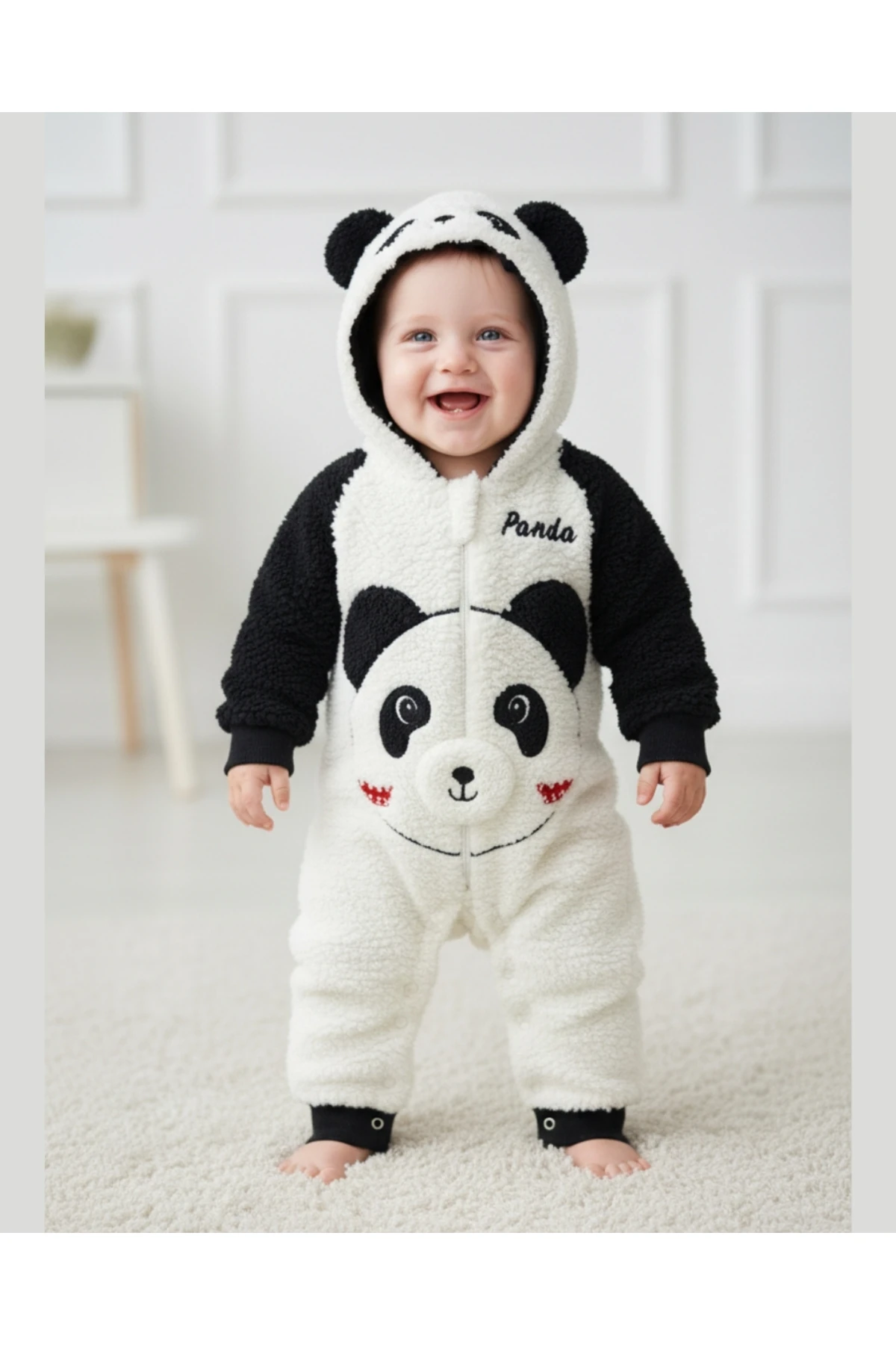 Peluş Panda Bebek Tulumu - Kapüşonlu, Fermuarlı, Alttan çıtçıtlı Pamuklu 0-12 Ay