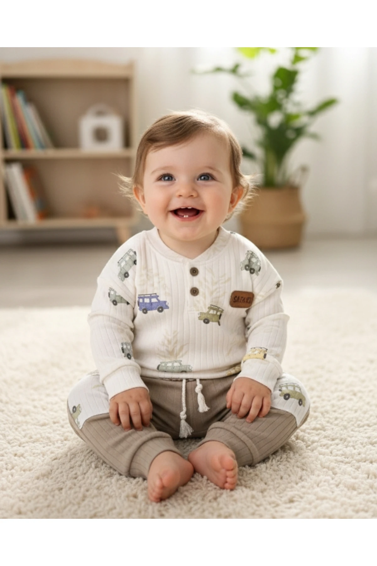 Asliva Safari Desenli Ribanalı %100 Pamuk Unisex Bebek Takımı (3-12 Ay)