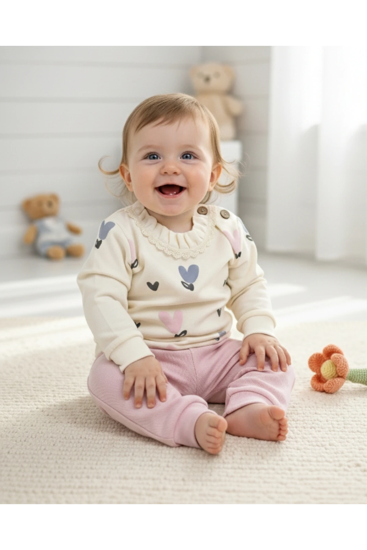 Asliva Kız Bebek Krem Kalp Desenli Fırfırlı Üst & Pembe Tayt Takım 6-18 Ay