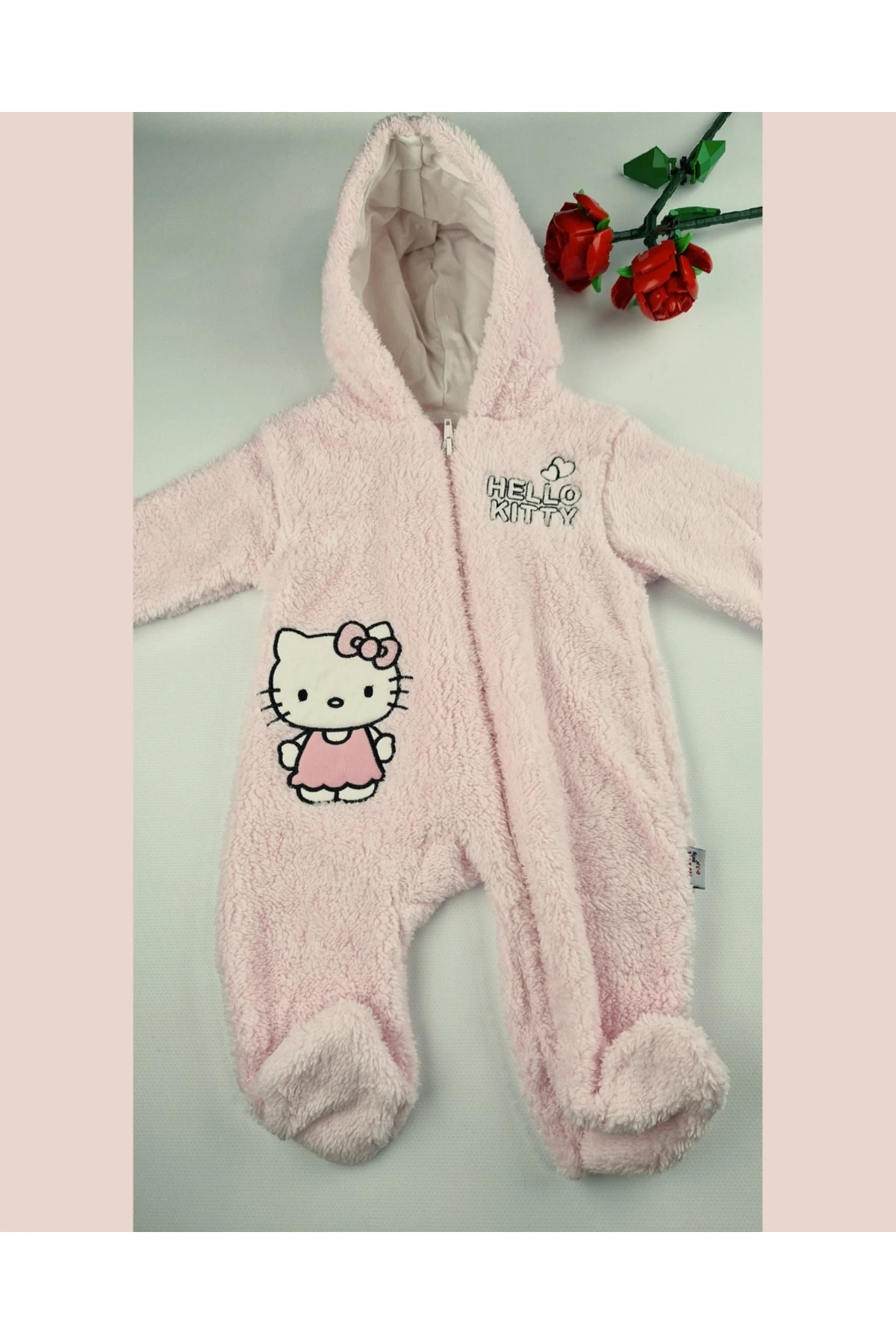 Hello Welsoft Pelüş Kız Bebek Tulum – Kapüşonlu ve Patikli - Pembe/Bej - 0-12 Ay