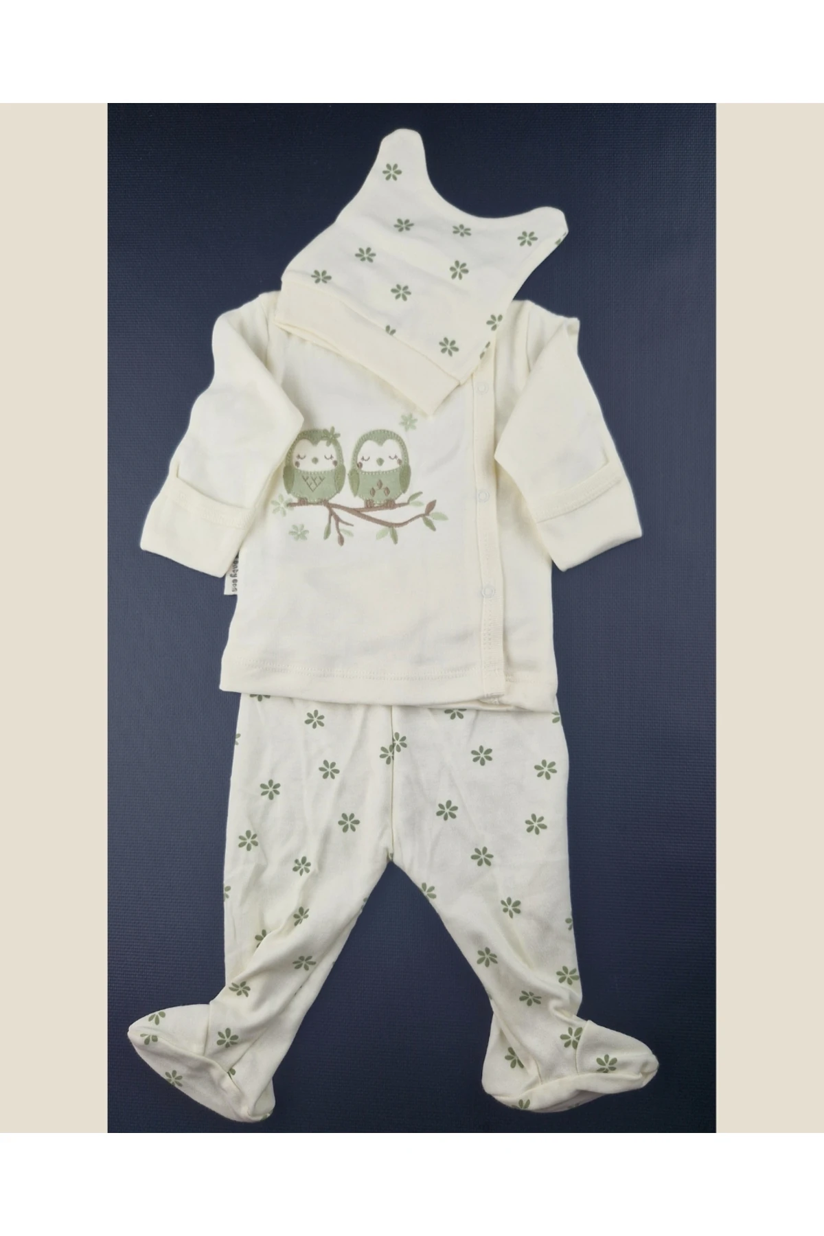 3’lü Bebek Zıbın Takımı 0-3 Ay – Baykuş Desenli Krem