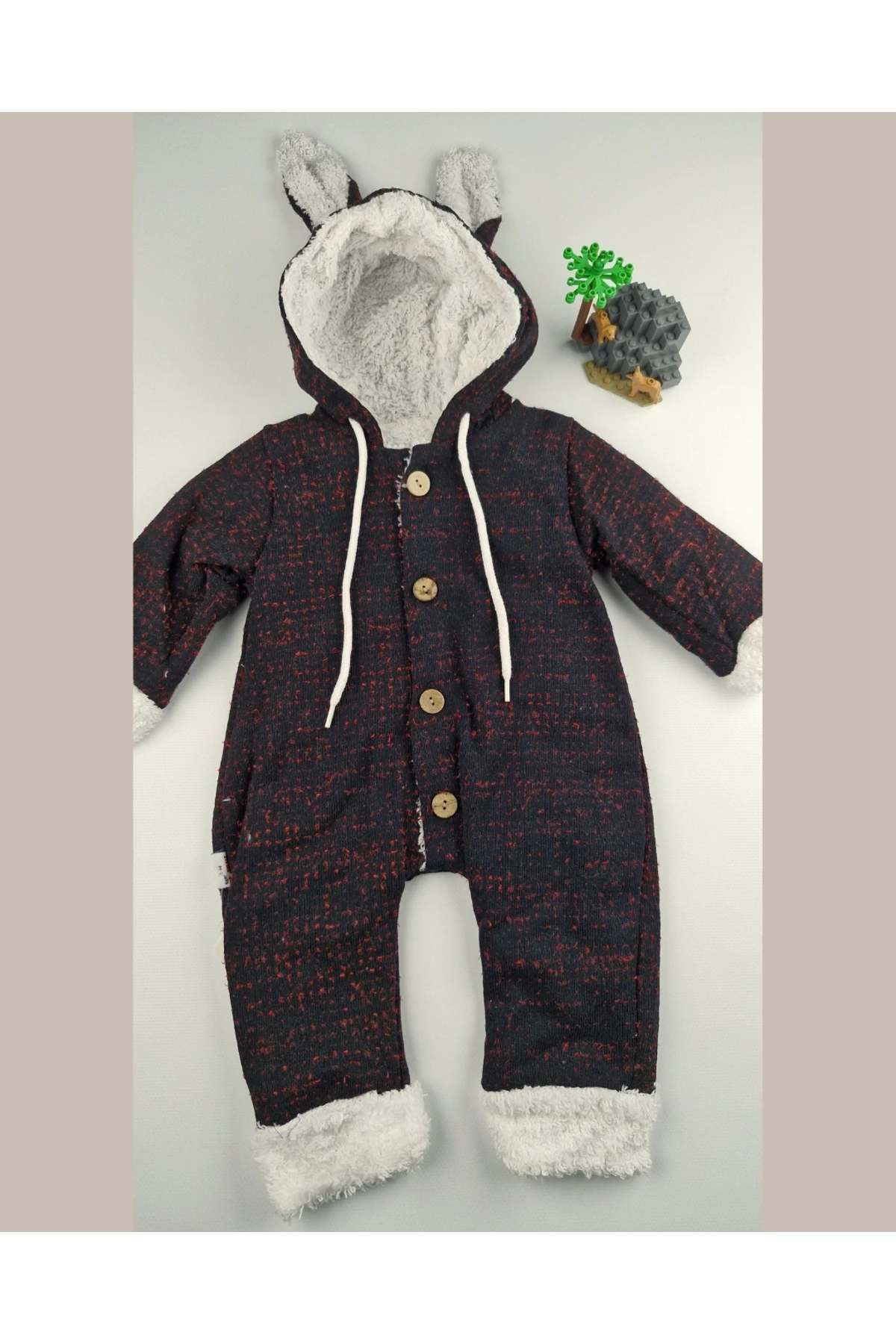 Pamuklu Welsoft Bebek Tulumu Tavşan Kulaklı Kapüşonlu & Düğmeli Siyah - 9-24 Ay