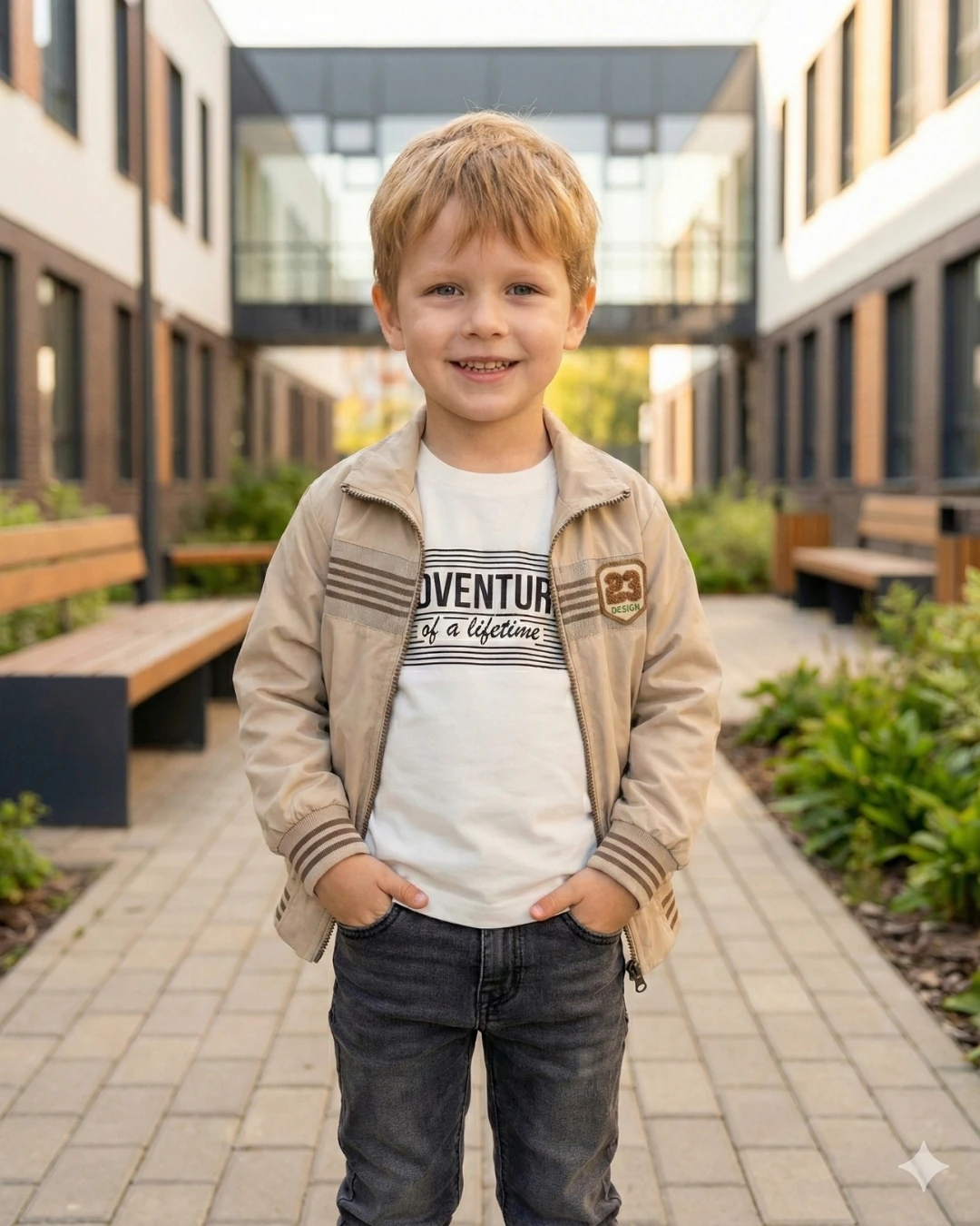 Asliva Erkek Çocuk 3'lü Takım - Bej Kolej Ceket, Tişört ve Füme Jean Pantolon Kombini (2-5 Yaş)