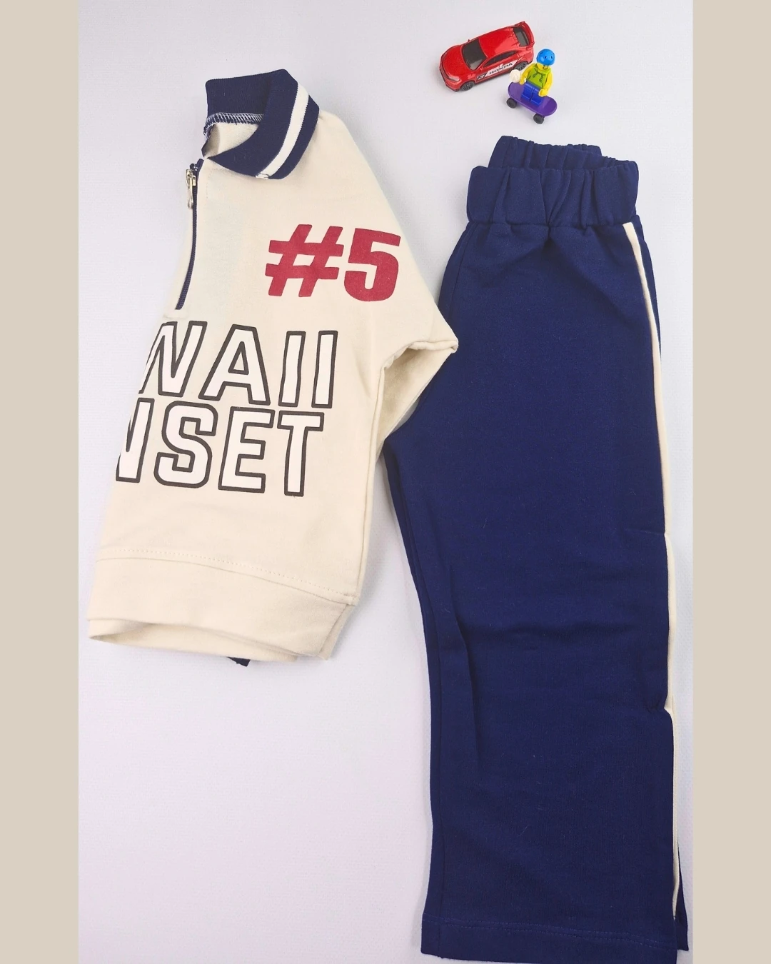 Asliva Unisex Çocuk Lacivert Hawaii Sunset Baskılı Polo Yaka Yarım Fermuarlı Pamuklu Eşofman Takımı