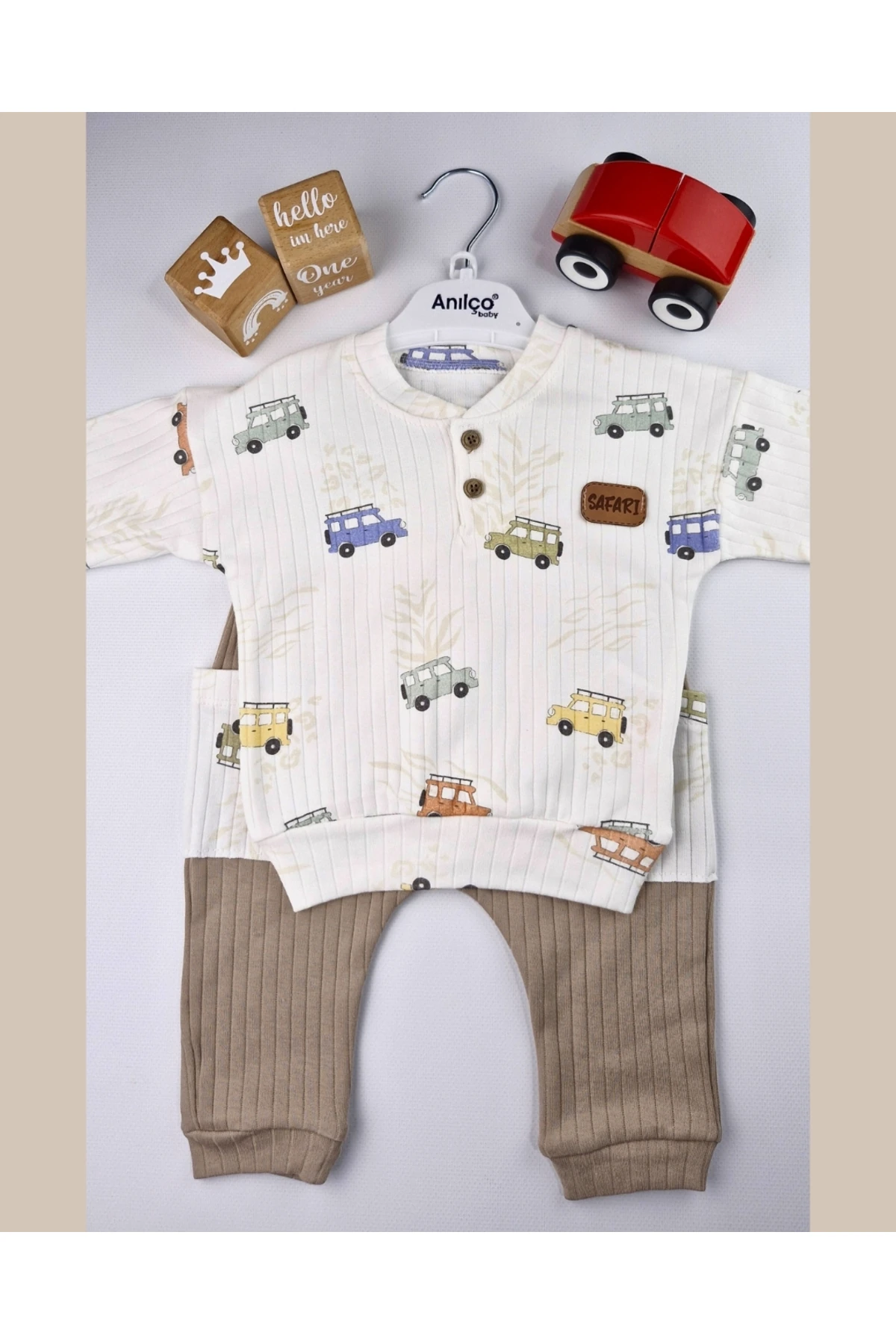 Asliva Safari Desenli Ribanalı %100 Pamuk Unisex Bebek Takımı (3-12 Ay)