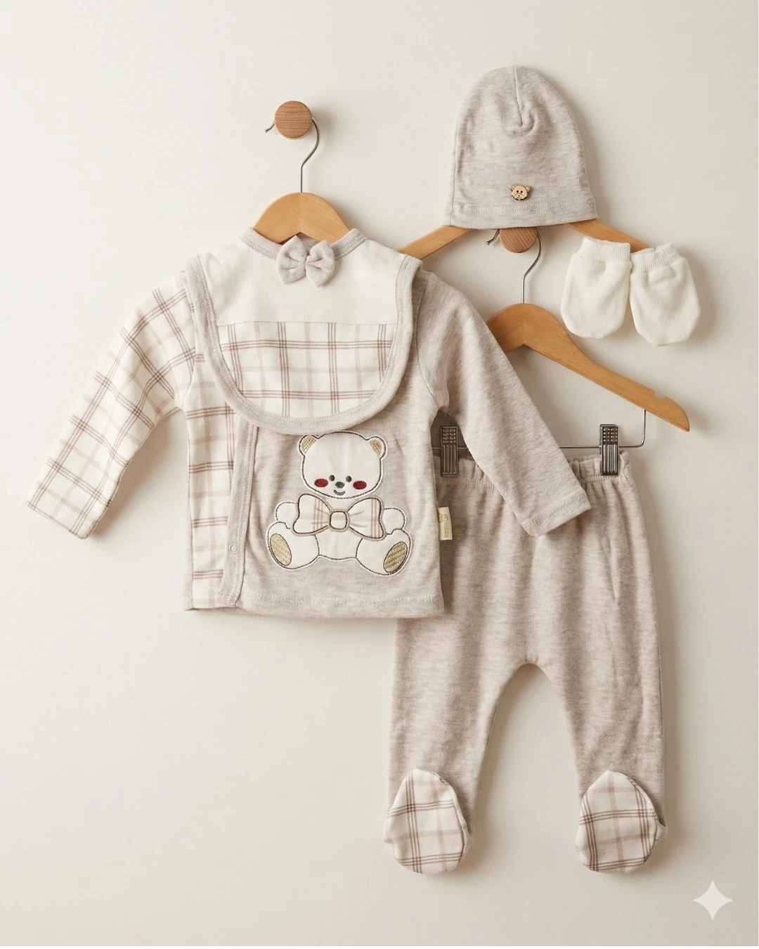 Asliva Bebek Bej Ekose Ayıcık Nakışlı 5 Parça Pamuklu Hastane Çıkışı Zıbın Seti (Yenidoğan - 0-3 Ay)