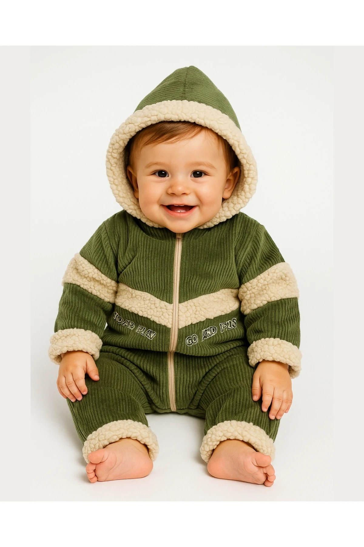 Kadife Welsoft Astarlı Bebek Tulum – Kışlık Kapüşonlu Model