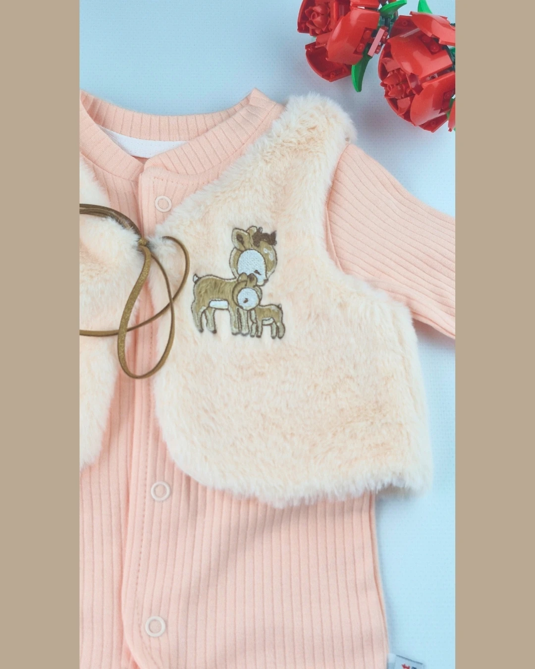 Asliva Bebek Somon Fitilli Tulum ve Geyik Nakışlı Peluş Yelek Takım 2'li Set