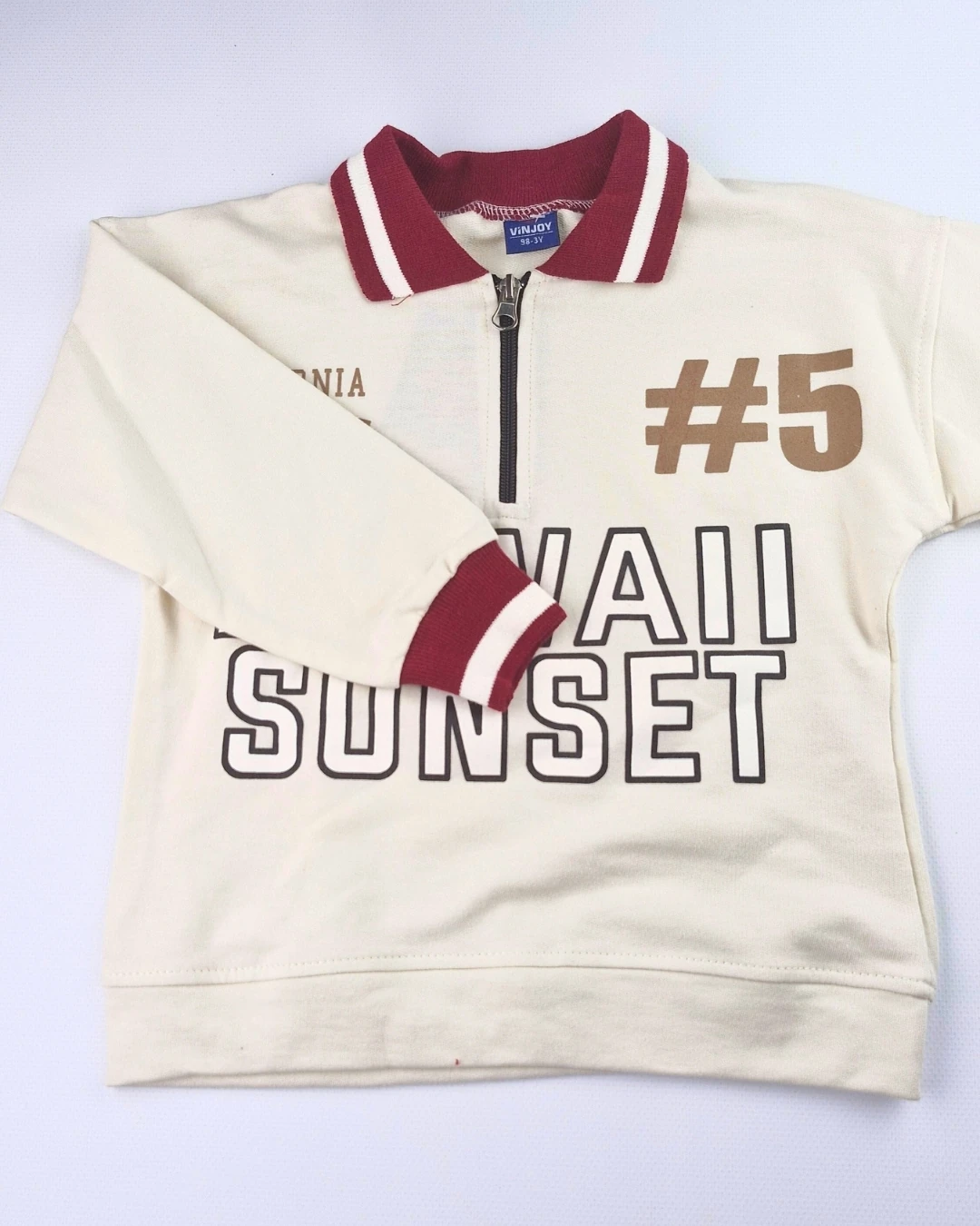 Asliva Unisex Çocuk Bordo Hawaii Sunset Baskılı Polo Yaka Yarım Fermuarlı Pamuklu Eşofman Takımı