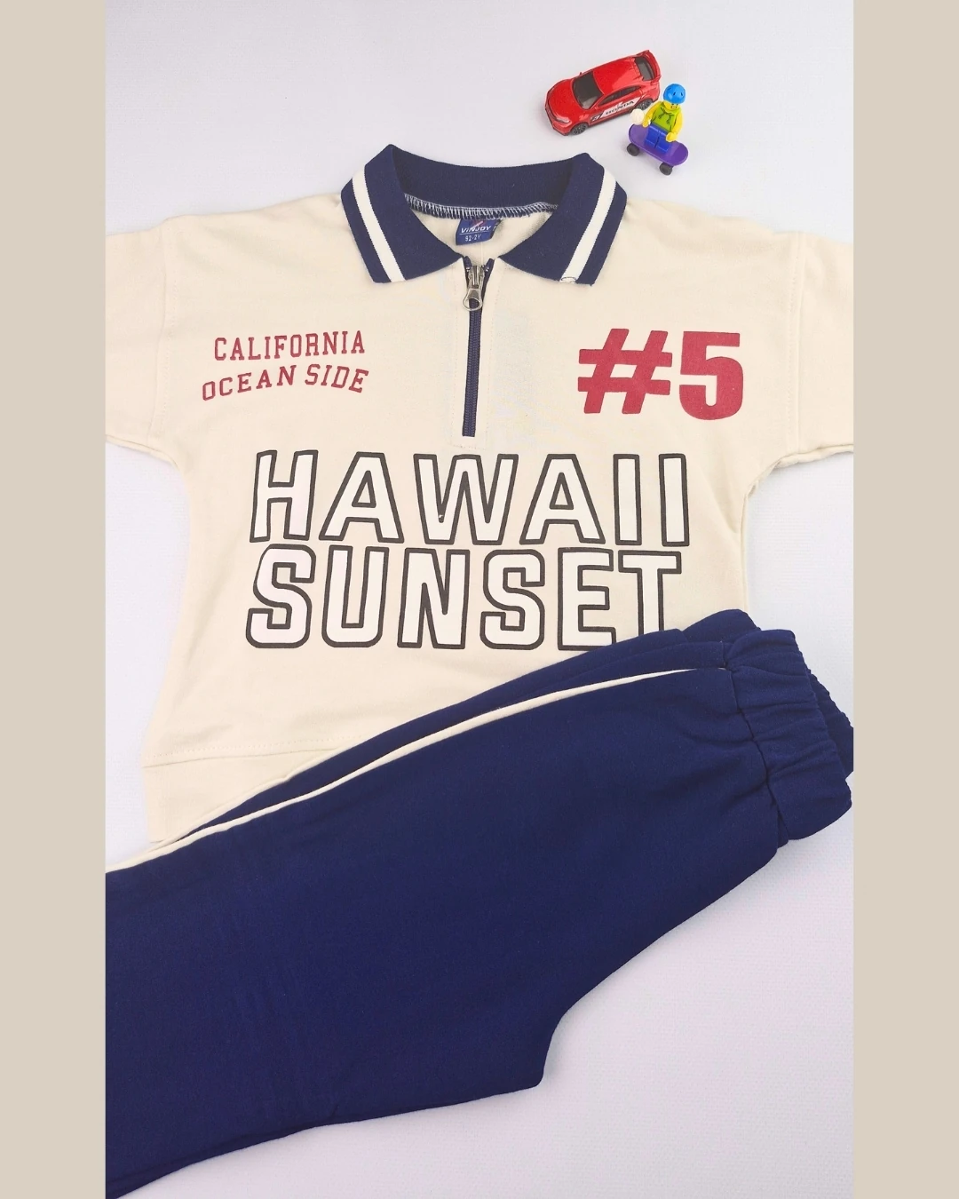 Asliva Unisex Çocuk Lacivert Hawaii Sunset Baskılı Polo Yaka Yarım Fermuarlı Pamuklu Eşofman Takımı