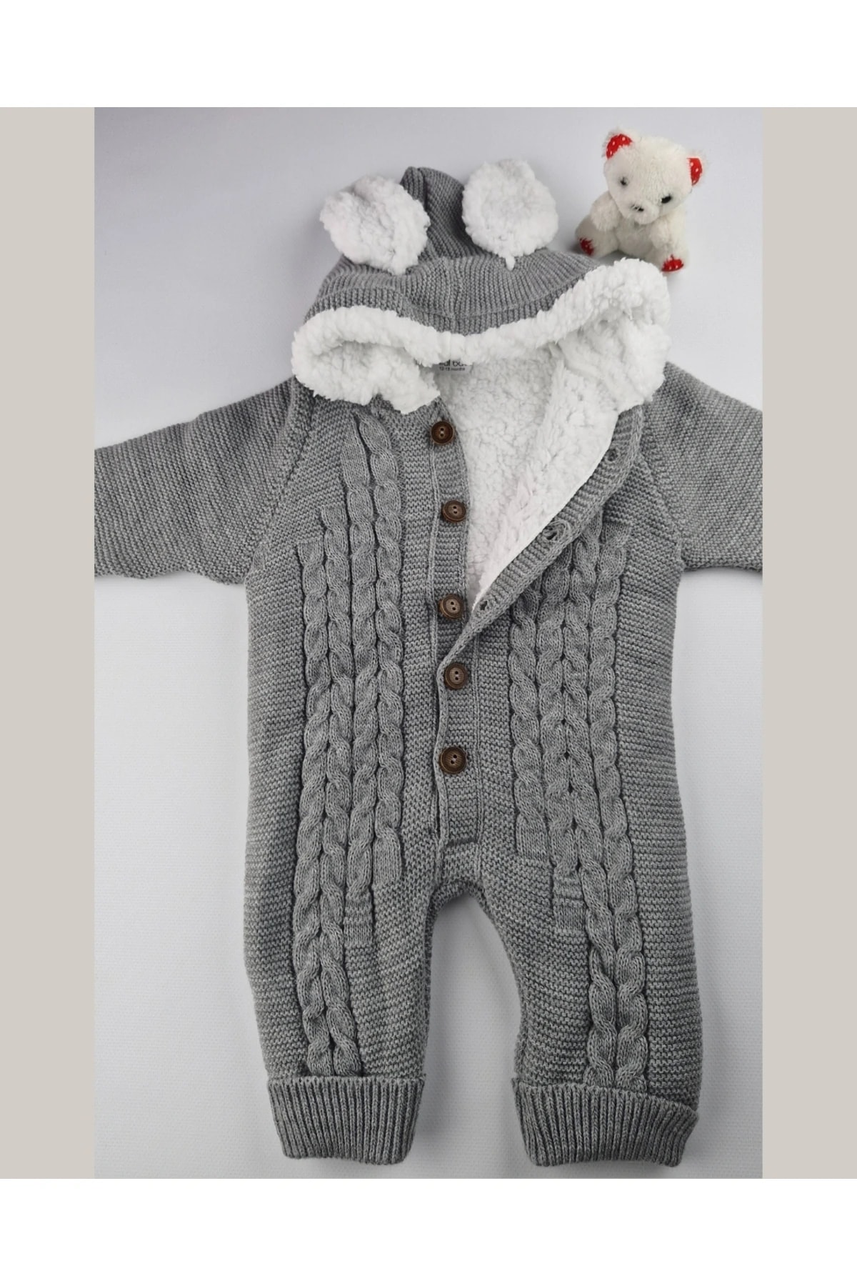 Bebek Triko Tulum – Kapüşonlu Kulak Detaylı Peluş Astarlı Kışlık Bebek Tulumu 6-24 ay