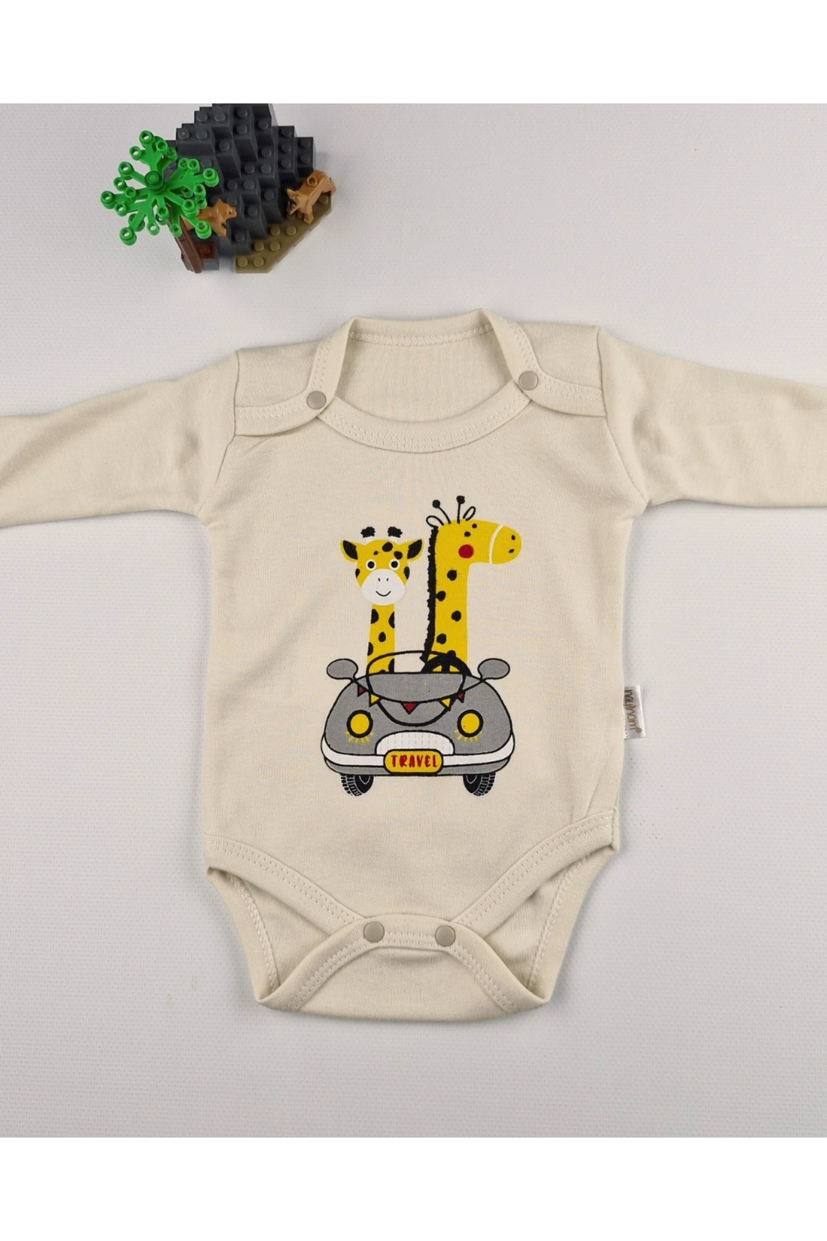 Uzun Kollu Pamuk Safari Baskılı Bebek çıtçıtlı Body & Alt Takım – Krem/Mavi - 0-9 Ay