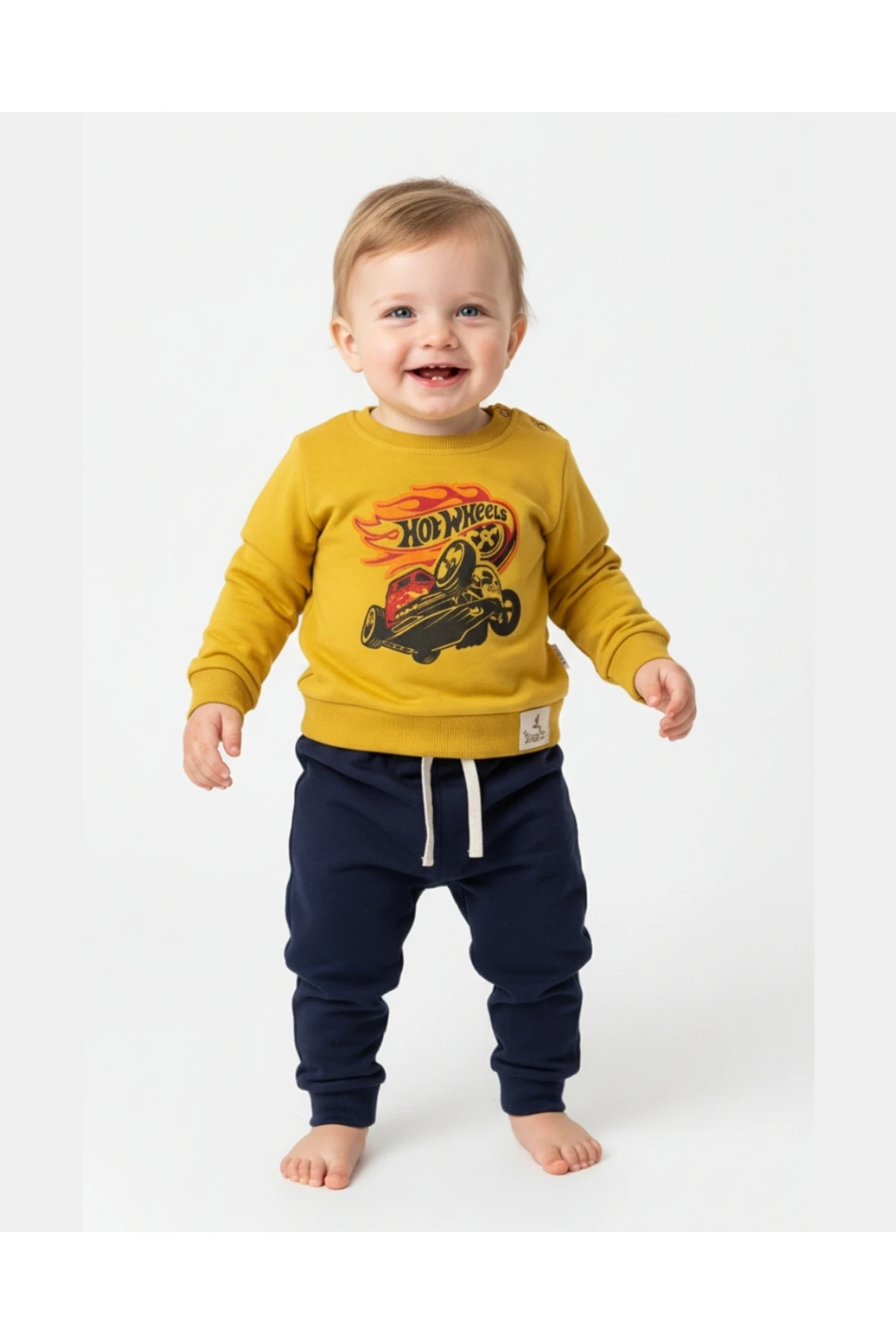 Bebek Hardal Sarısı Araba Baskılı Sweatshirt ve Lacivert Eşofman Takım 9-24 Ay