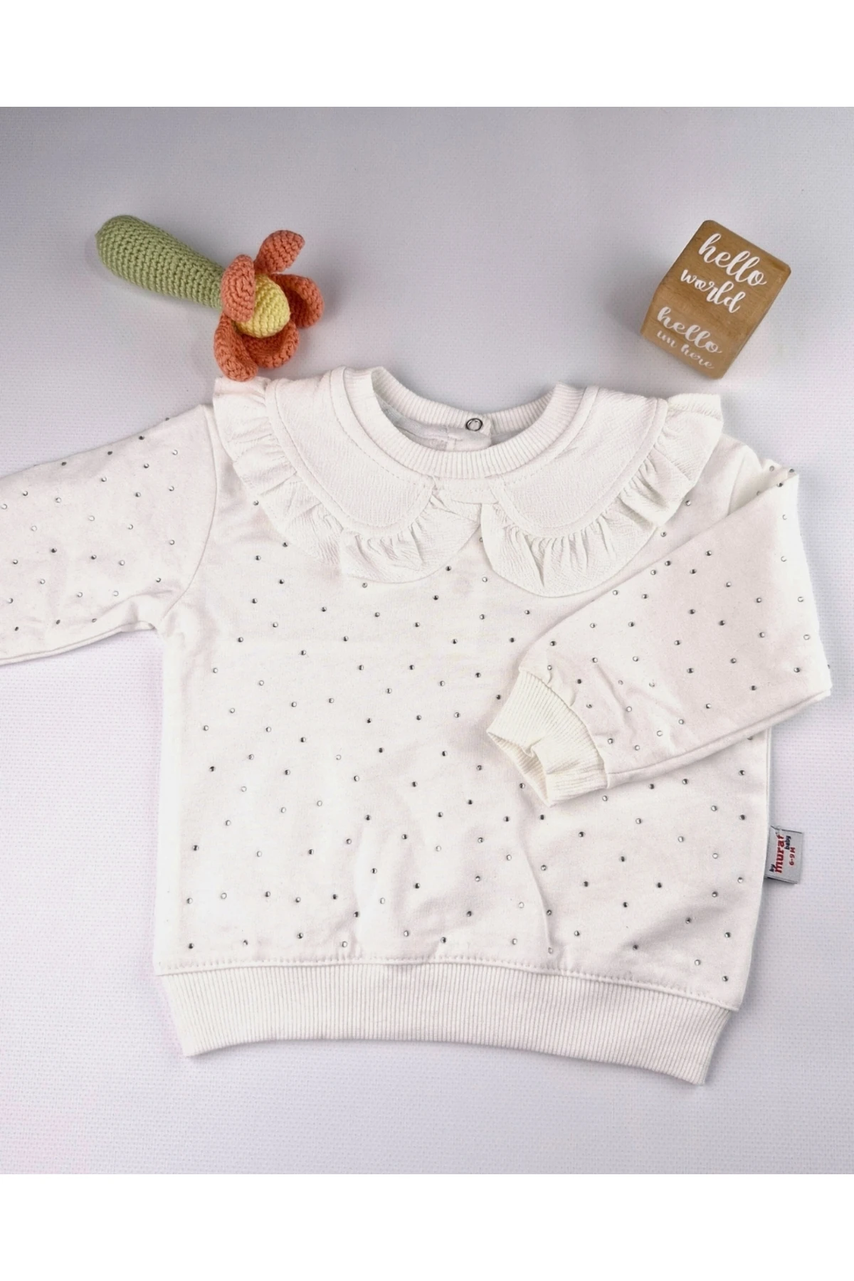 Asliva Kız Bebek Bebe Yaka Parlak Boncuklu Pamuklu 2'li Takım Beyaz (6-24 Ay)