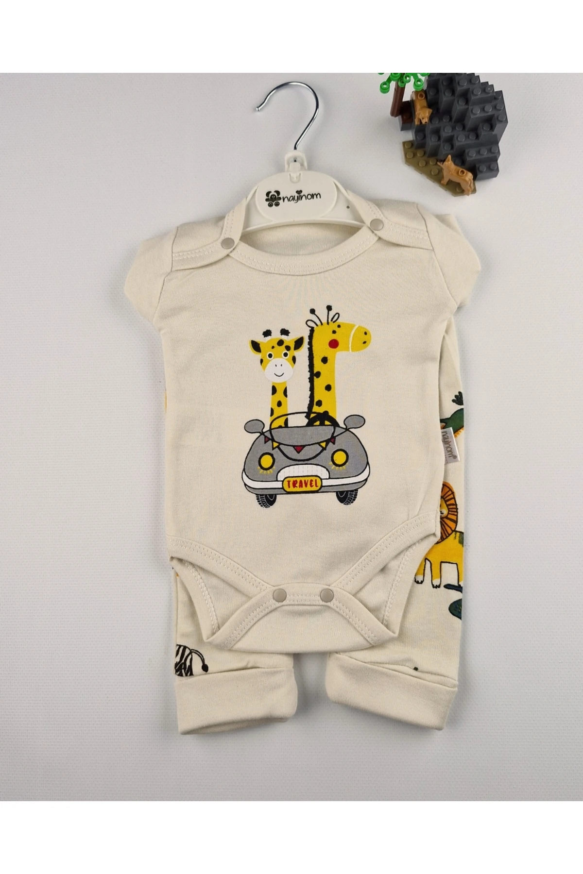 Uzun Kollu Pamuk Safari Baskılı Bebek çıtçıtlı Body & Alt Takım – Krem/Mavi - 0-9 Ay