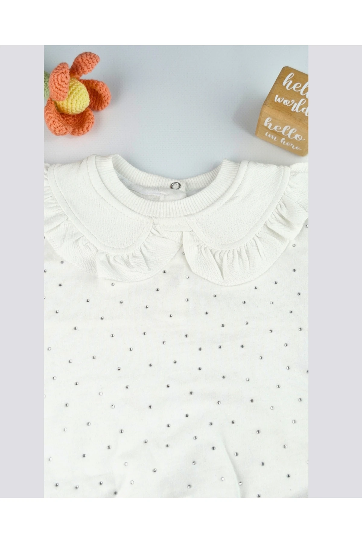 Asliva Kız Bebek Bebe Yaka Parlak Boncuklu Pamuklu 2'li Takım Beyaz (6-24 Ay)