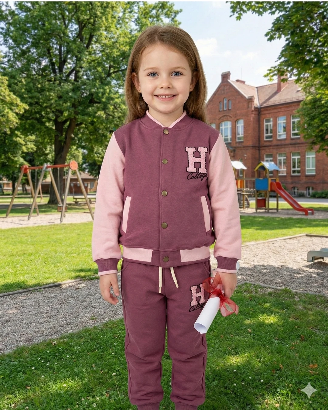 Asliva Kız Çocuk Bordo Pembe Kolej Ceketli Eşofman Takımı H College Nakışlı 3-6 Yaş