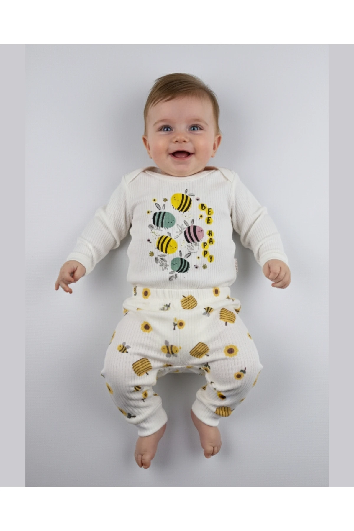 Bee Happy Pamuklu Arı Ayçiçeği Desenli Bebek Takımı - 0-9 Ay