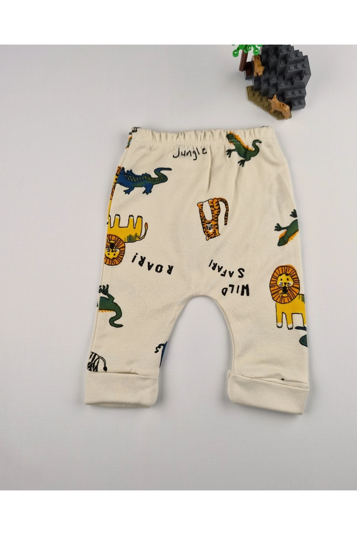 Uzun Kollu Pamuk Safari Baskılı Bebek çıtçıtlı Body & Alt Takım – Krem/Mavi - 0-9 Ay