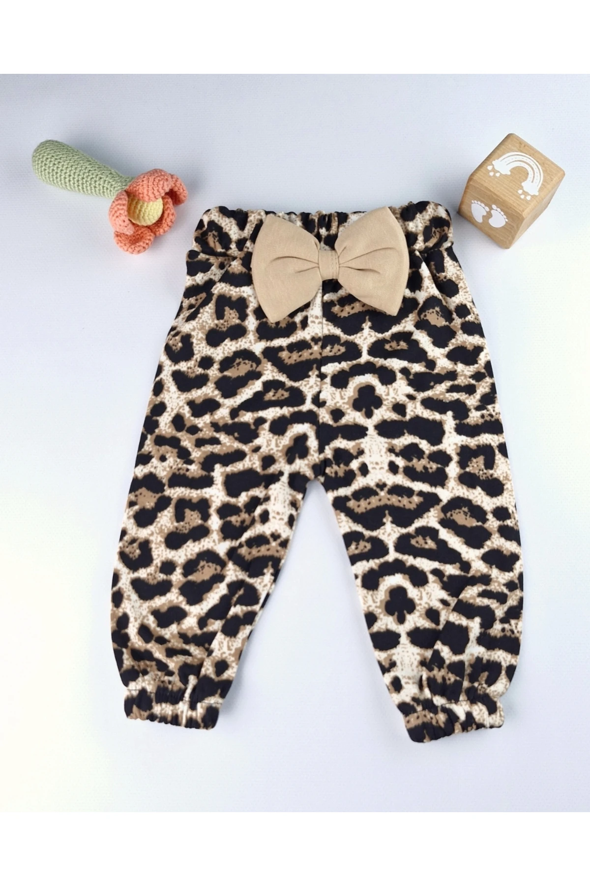 Bebek Takımı Kız Bebek Leopar Desenli Fiyonklu Bandanalı 0-12 Ay Bej/Gül Kurusu