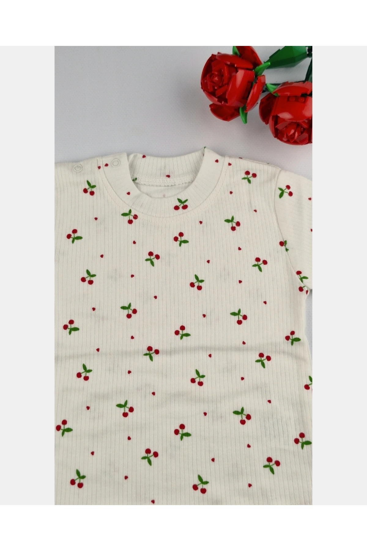 Kiraz Desenli Pamuk Bebek & Çocuk Ribanalı Uzun Kollu Omuzdan çıtçıtlı Sweat - 3,6,9 Ay - 1,2,3 Yaş