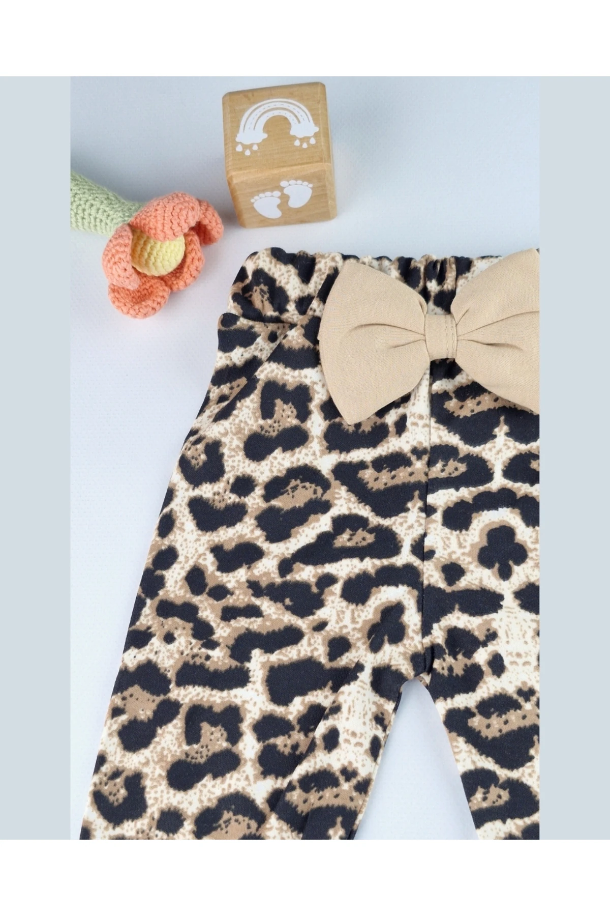 Bebek Takımı Kız Bebek Leopar Desenli Fiyonklu Bandanalı 0-12 Ay Bej/Gül Kurusu