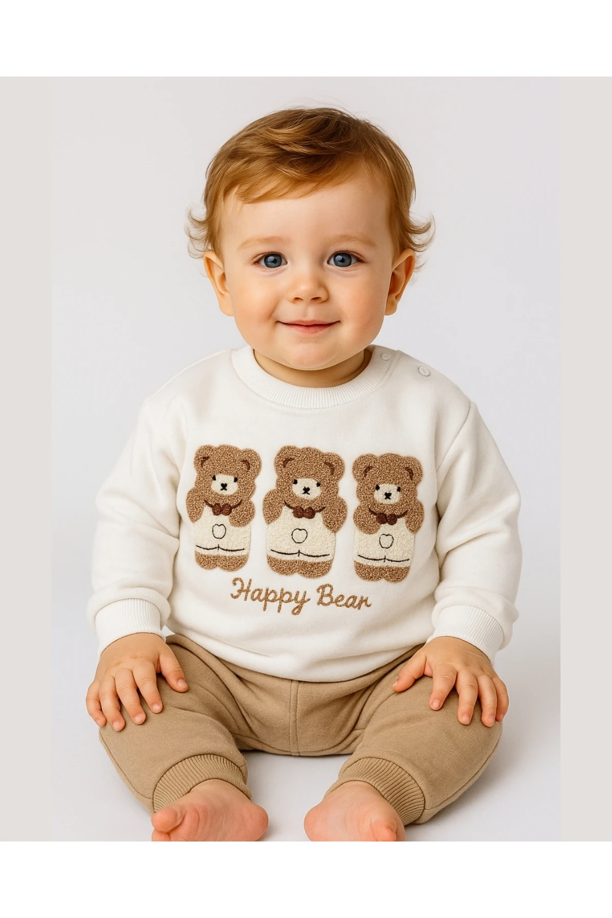 Happy Bear süzeneli ayıcık işleme 2’li Bebek Takımı – Krem / Bej